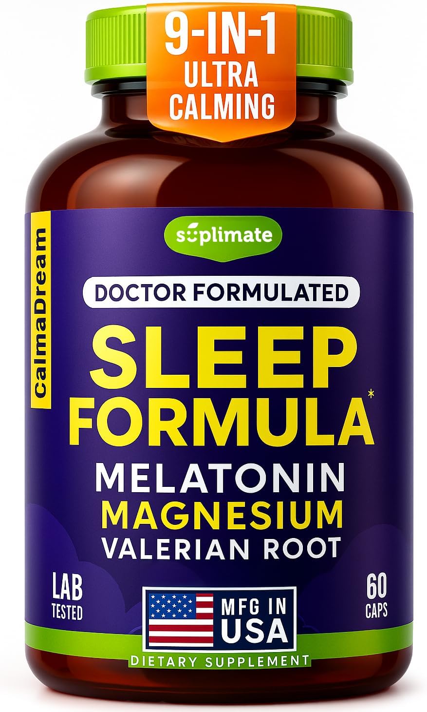 9-in-1 Melatonin Sleep Aid for Adults – USA Made, Lab Tested with Melatonin 5mg and 108mg Magnesium for Sleep – TRAACS, Ashwagandha, Valerian Root, GABA, 5HTP, Herbal Sleep Supplement, Vegan, 60 Caps