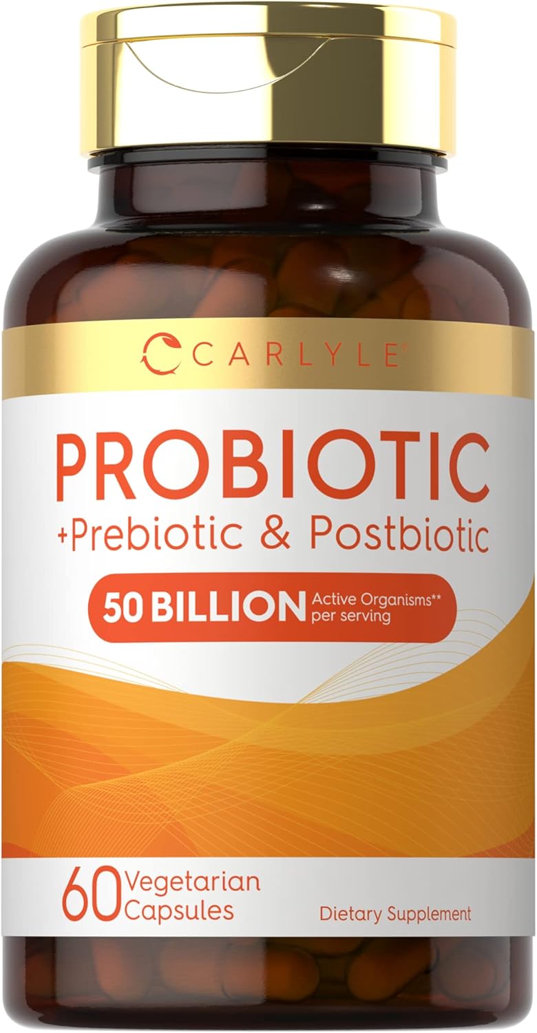 Carlyle Probiotic for Women and Men | 50 Billion CFU | 60 Capsules | Plus Prebiotic and Postbiotic | Complex Supplement | Vegetarian, Non-GMO, and Gluten Free