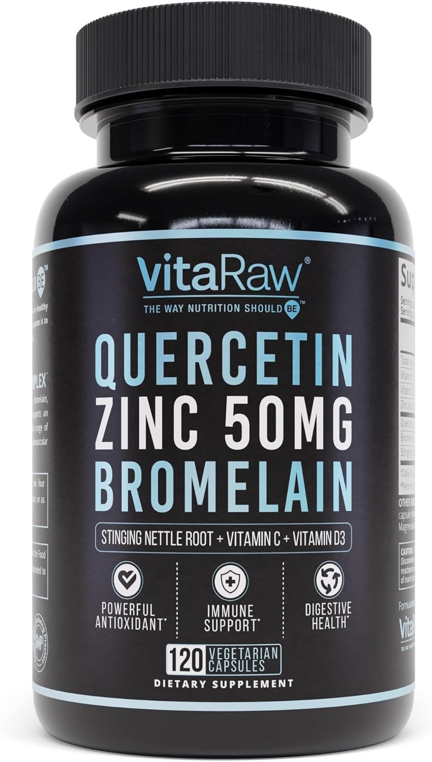 VitaRaw Quercetin with Bromelain 500mg Capsules, Supports Immune Response, Joint Comfort, & Overall Wellness – Vitamin C, Zinc 50mg, & Vitamin D3 5000 IU – Immunity Health Pills