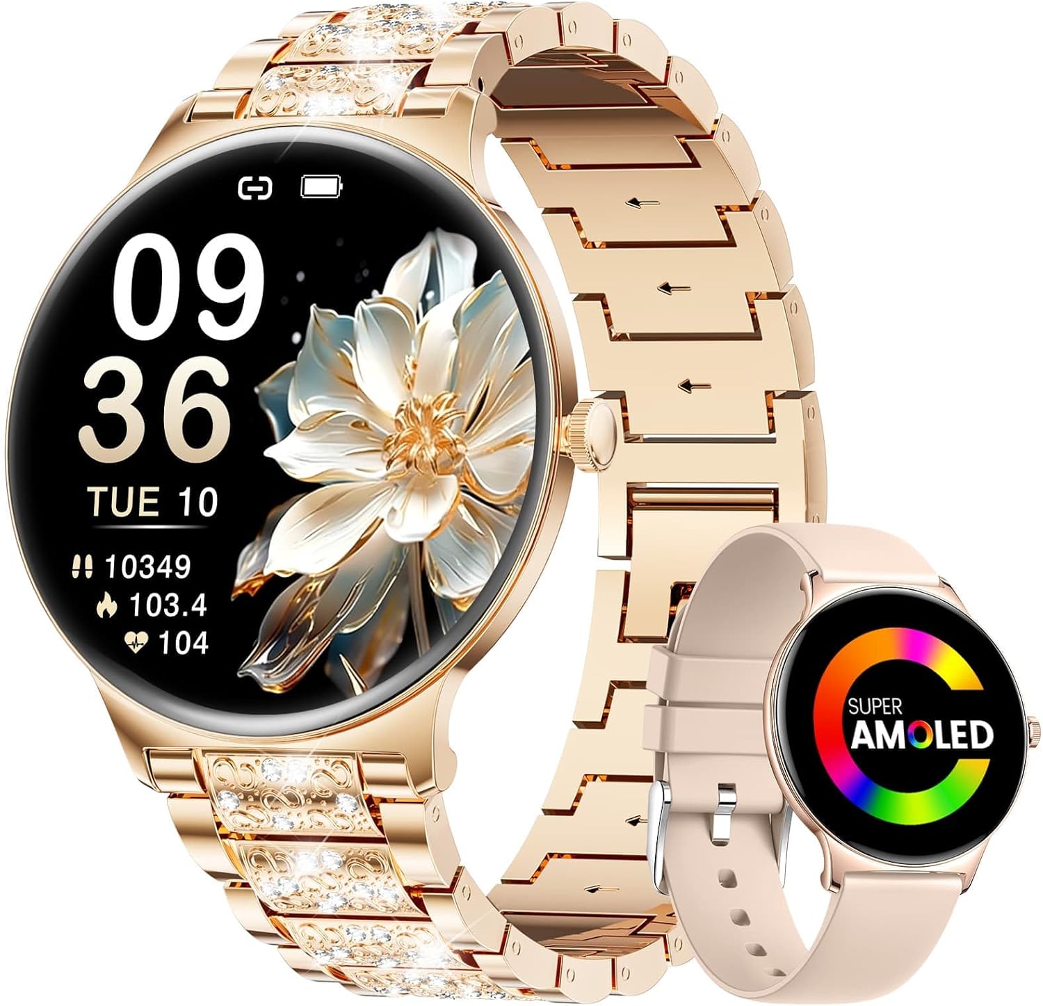 LIGE Ultra-Thin Smart Watch for Women,1.43″ Always-on Display Smart Watch with Bluetooth Call,Health Tracker 100+ Sports Modes, Mutifuction Women Smartwatch for Android iOS 2 Straps(Gold)