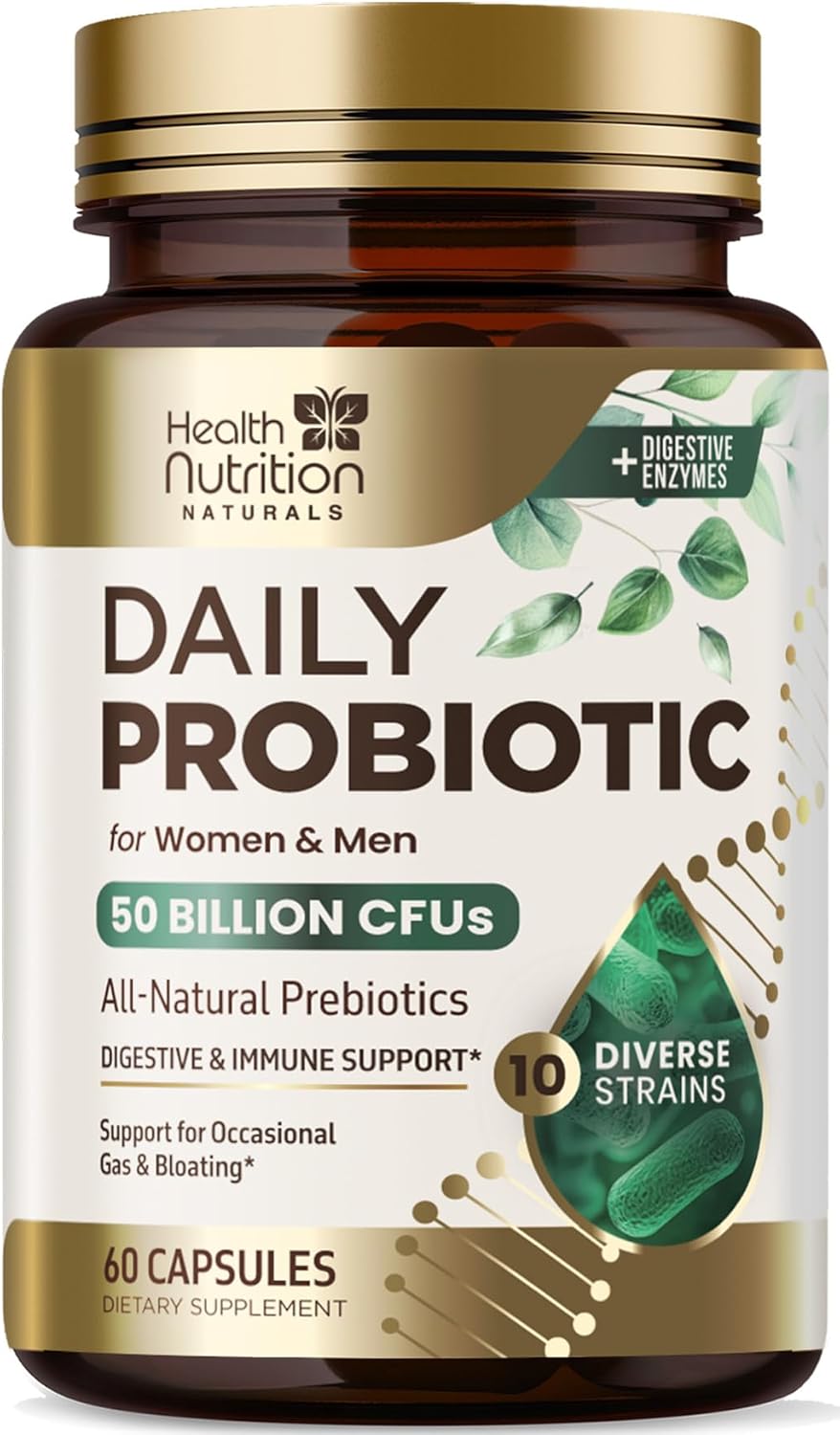 Probiotics 50 Billion CFU per Serving – 10 Strains + Prebiotics – Digestive Health, Gut & Immune Support – Occasional Constipation, Gas & Bloating Support for Women & Men, Bottled USA – 60 Capsules