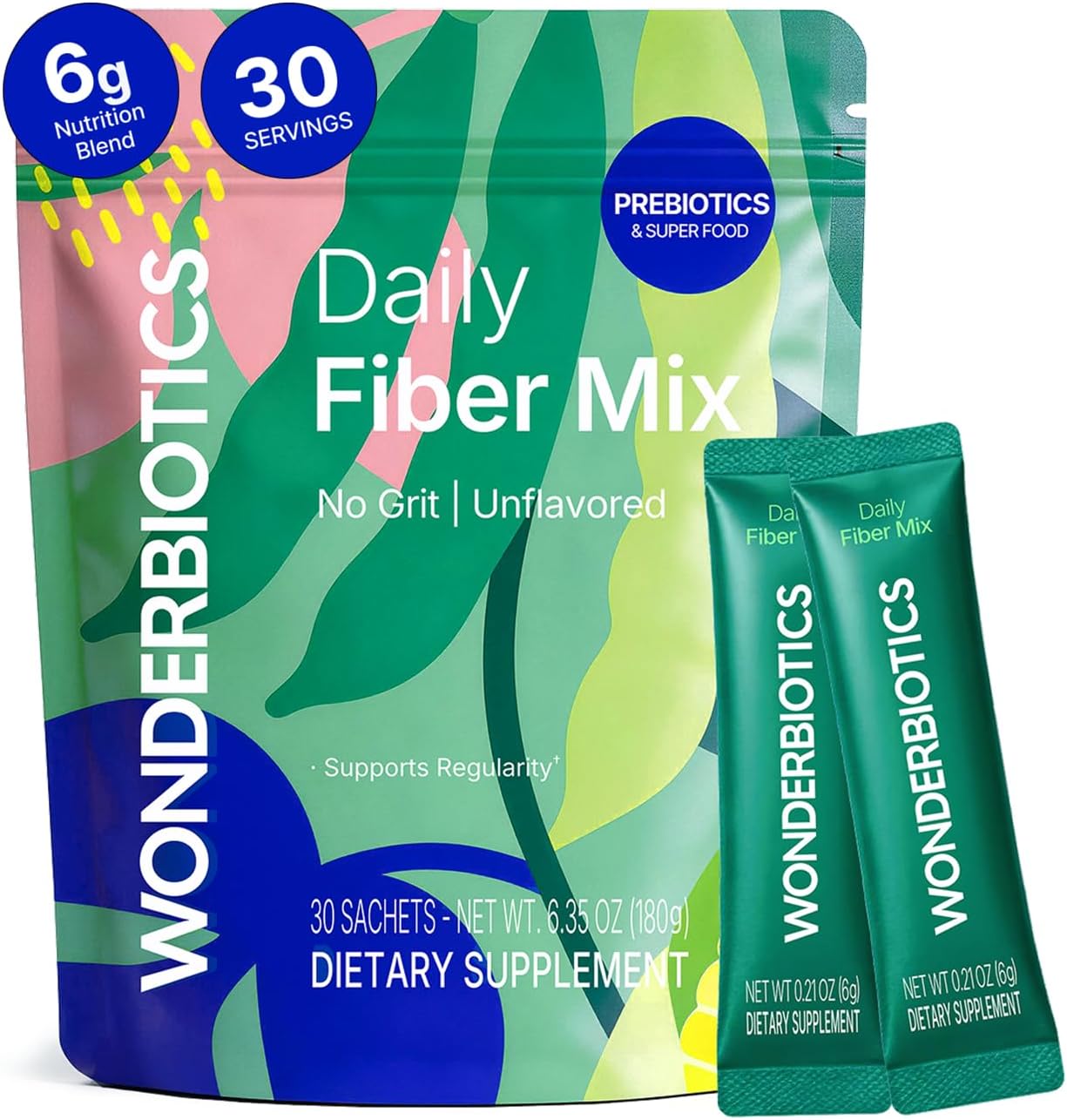Daily Fiber Supplement 6g Powder Packets – 5 Diverse Fibers with Prebiotics for GLP-1 Support, Craving Control, PHGG & Psyllium Husk Drink Mix for Women & Men, Low FODMAP – 30 Sachets