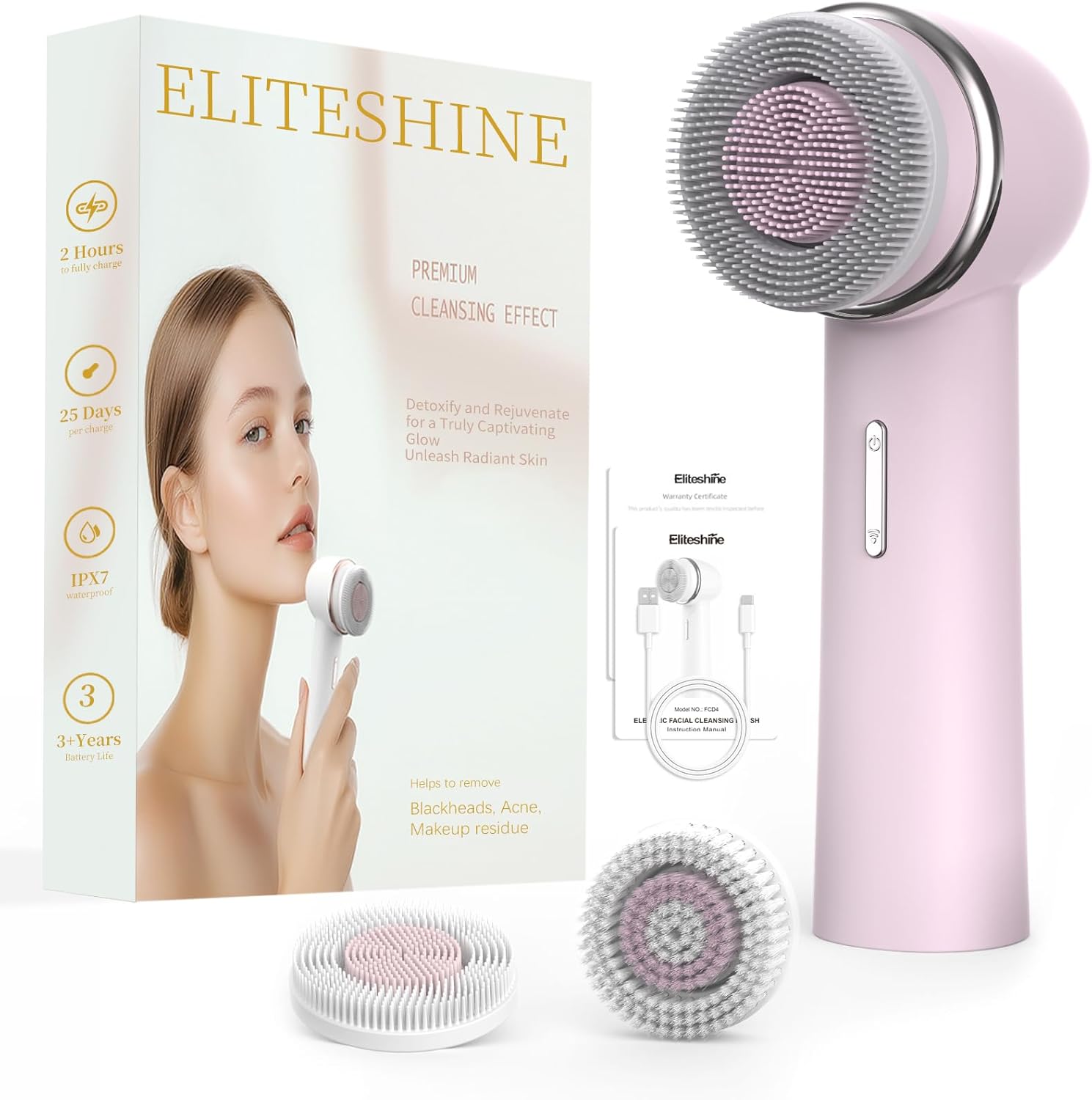 Electric Facial Cleanser Brush Equipped with Dual-Rotating Silicone and Bristle Brushheads,Rechargeable Electric Silicone Face Scrubber Exfoliator,Facial Cleansing Brush,for Women Skincare