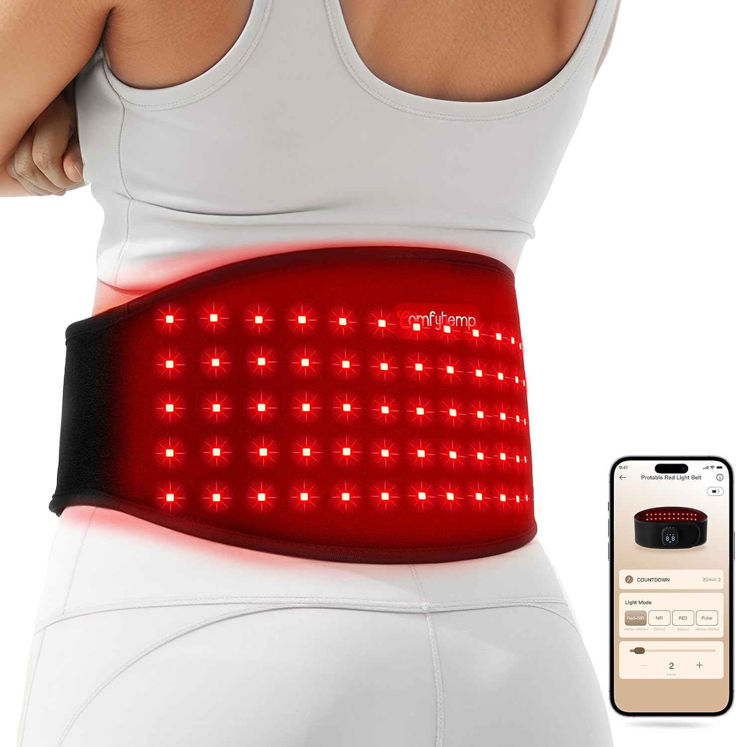 Comfytemp 5000mAh Portable Red Light Therapy Belt for Body, Wearable Near Infrared Light Therapy Wrap, 13W Light Wrap for Waist Belly Lower Back Joint Muscle, 50”x7”