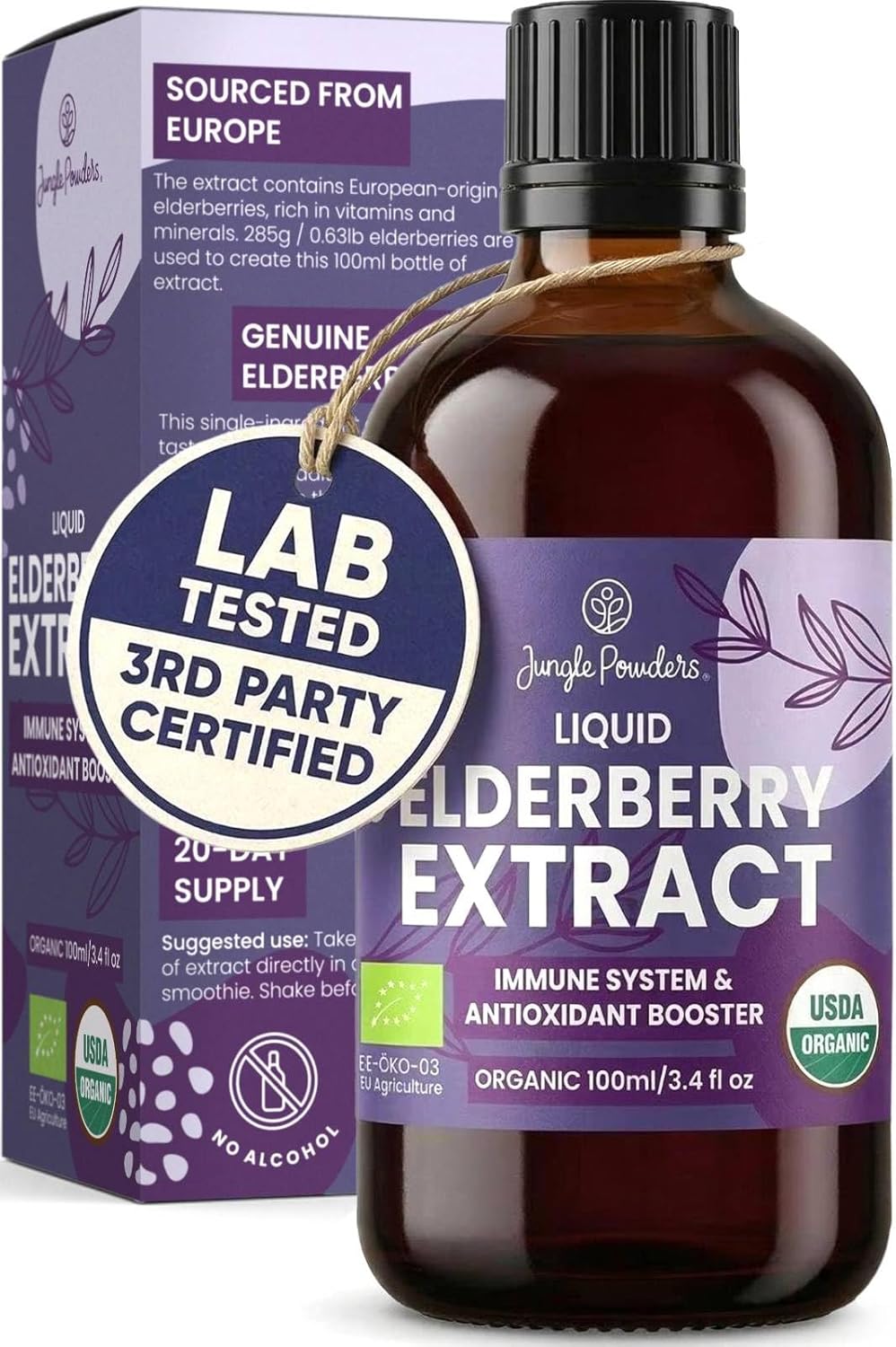 Jungle Powders Organic Elderberry Syrup 3.4 fl oz | USDA Certified, Sambucus Elderberry, Immune Support for Kids and Adults, Alcohol-Free, European Origin High Bioavailability