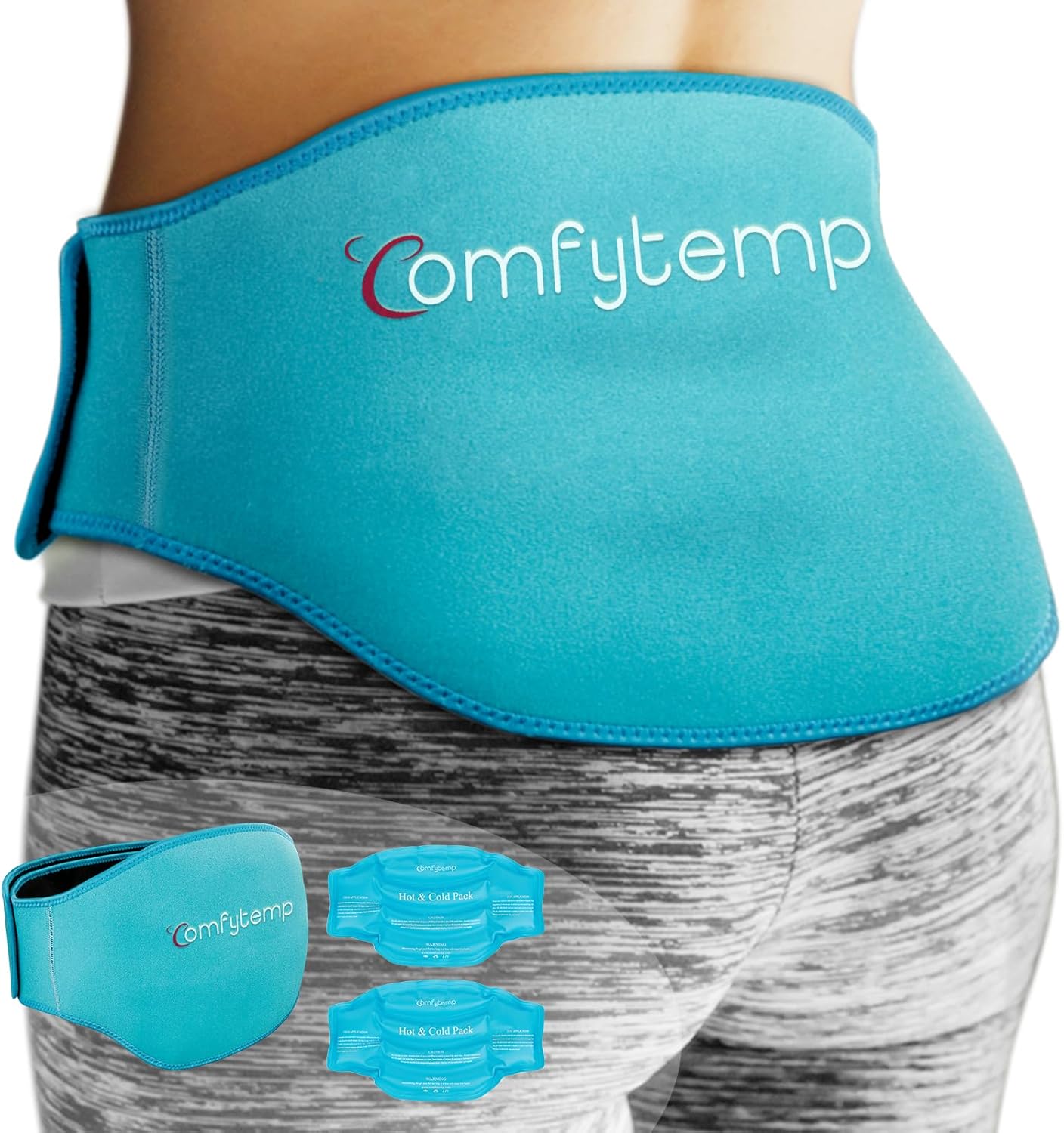 Comfytemp Ice Pack for Back Pain Relief, 2 Pcs, Sciatica Ease Brace, Reusable Gel Lower Back Ice Wrap for Injuries, Hot Cold Compress for Lower Lumbar, Waist, Men Women After Surgery (Blue)