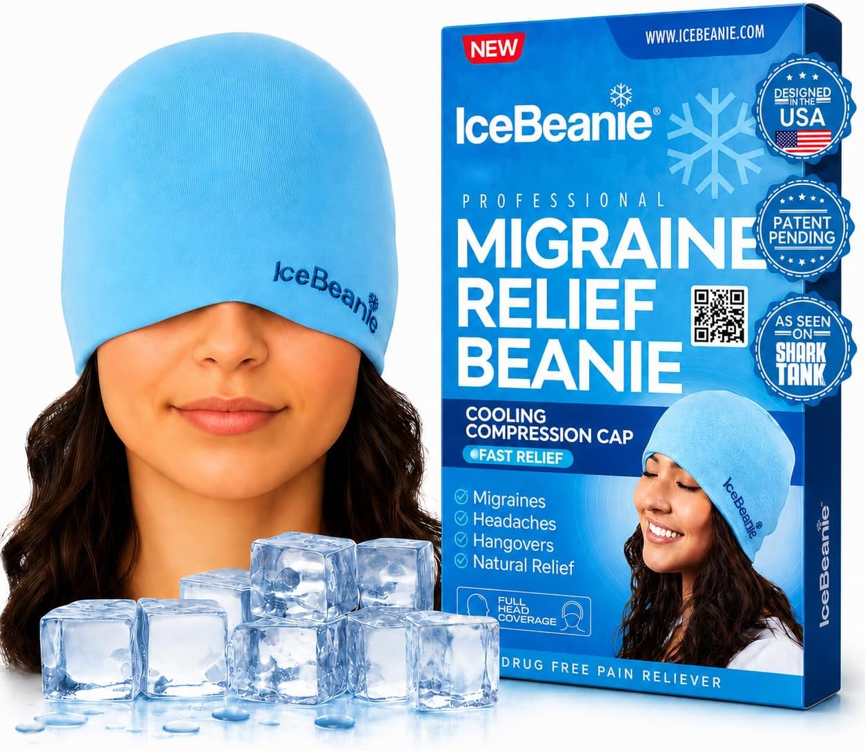 IceBeanie Migraine Relief Cap, As Seen on Shark Tank, Soft & Stretchy Gel Tension Headache Relief Cap, Extended Cooling Hangover Ice Hat, Odorless Head Wrap Ice Pack Wrap, Headache Migraine Mask