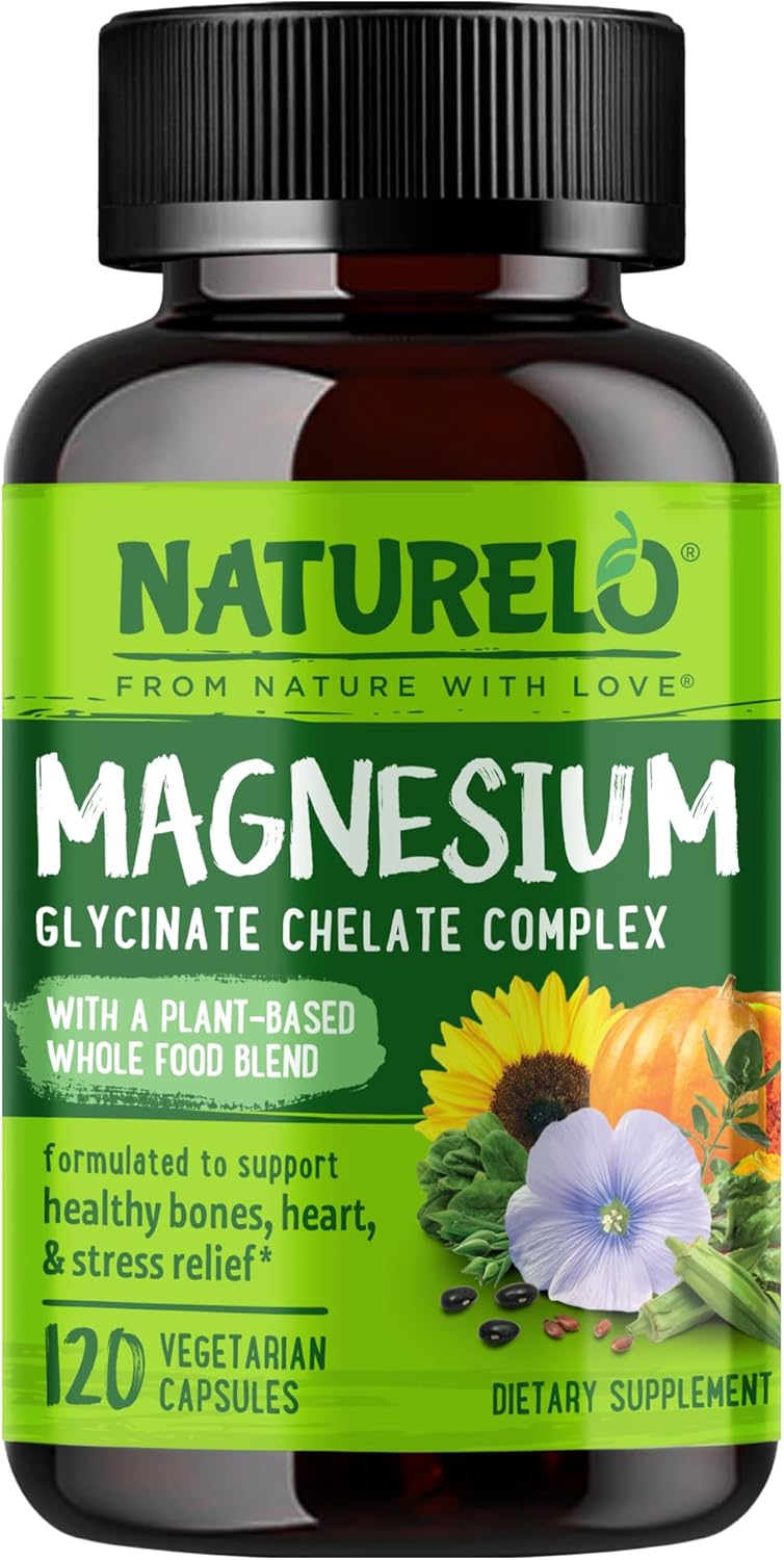 NATURELO Magnesium Glycinate Chelate Complex – 200 mg Magnesium with Organic Vegetables to Support Sleep, Calm, Muscle Cramp & Stress Relief – Gluten Free, Non GMO – 120 Capsules