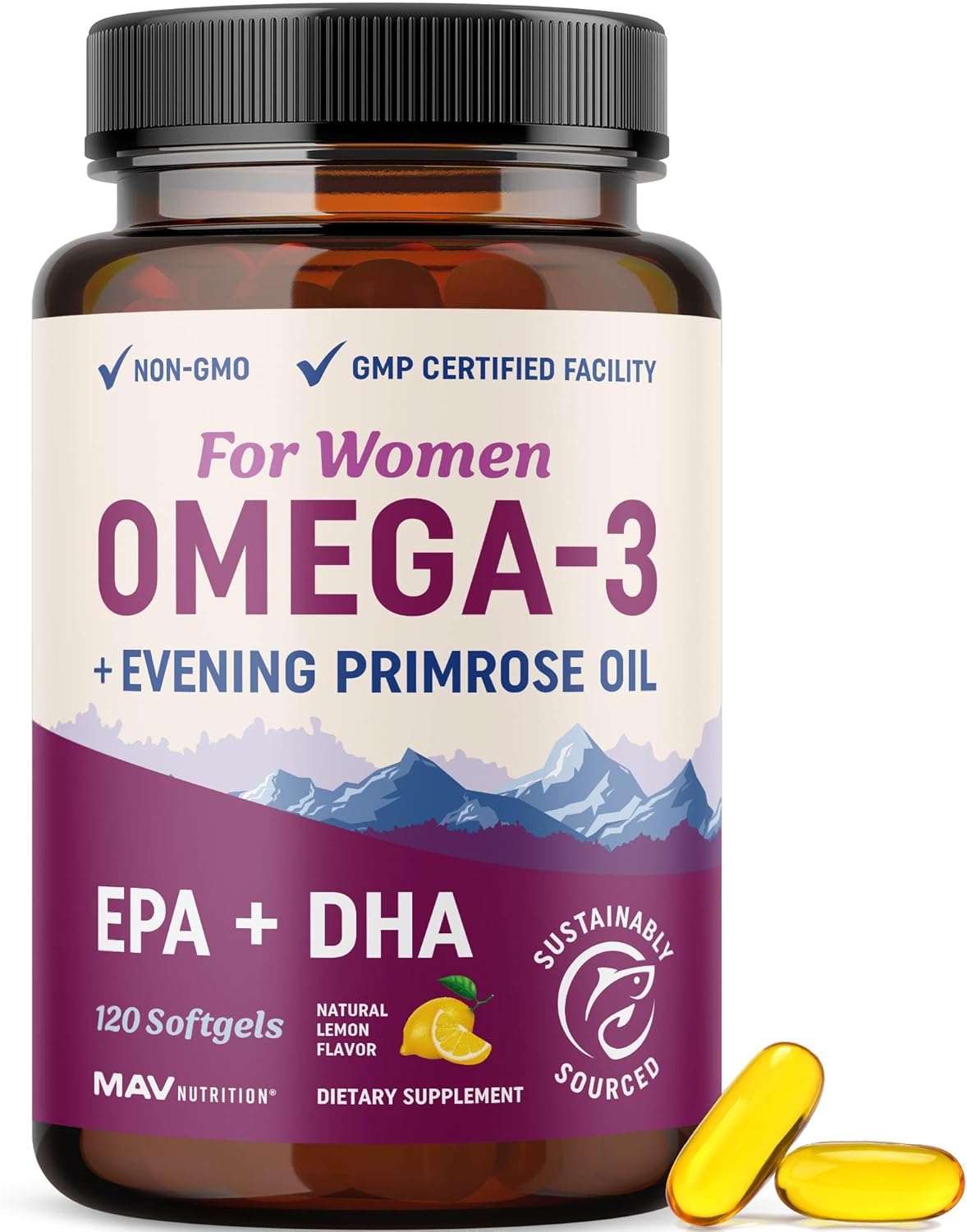Fish Oil Omega 3 Supplements for Women | DHA + EPA | Heart Health, Hormone Balance, Skin & Wellness Support | 600MG Omega3 + 800MG Evening Primrose Oil | Omega 3 Supplement for Women | 120 Ct.