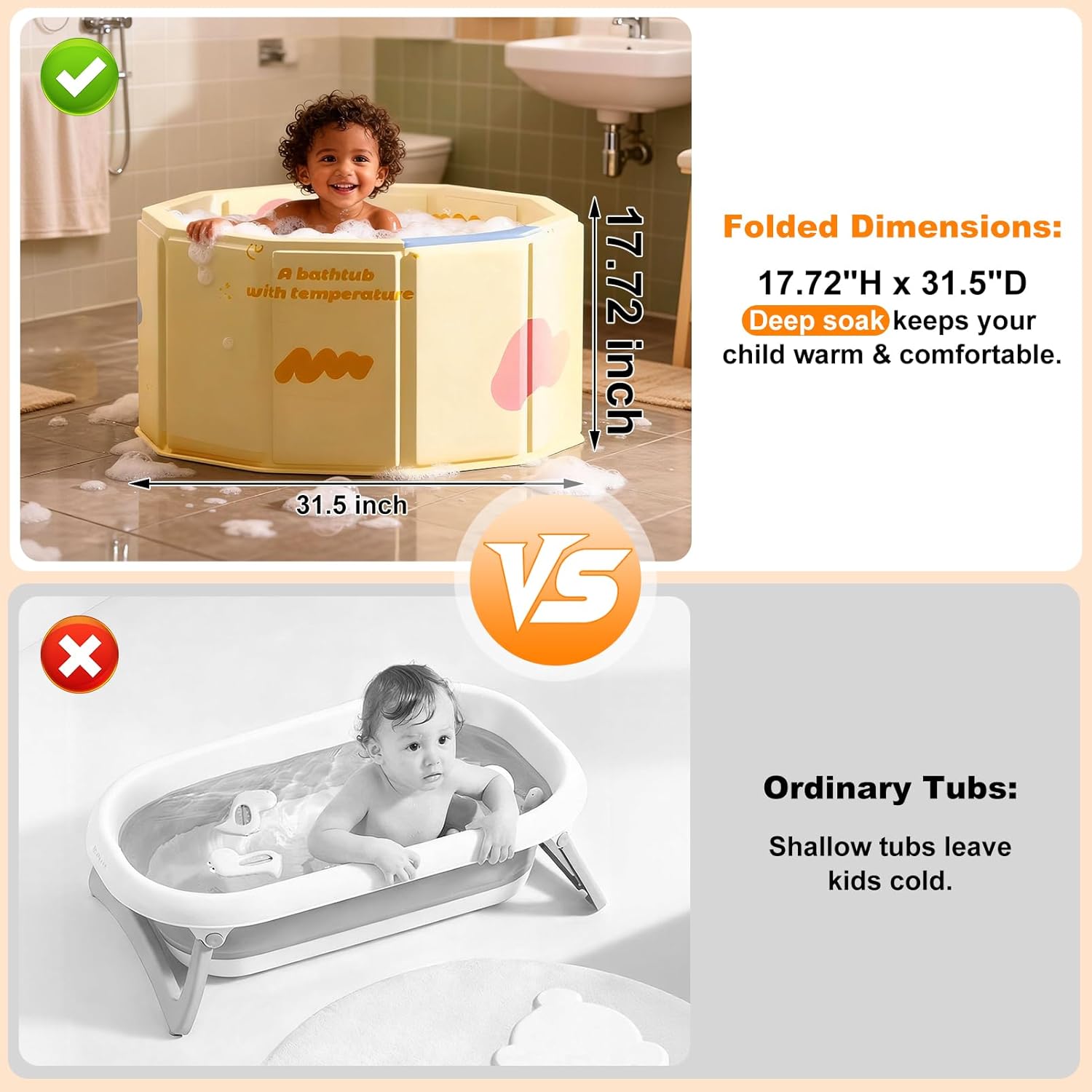 Portable Bathtub for Kids 27.5″x31.5″ Collapsible Cold Plunge Bathtub Foldable No Installation Ice Bath Tub for Shower Stall, Bathroom Hot SPA Soaking Standing Tub