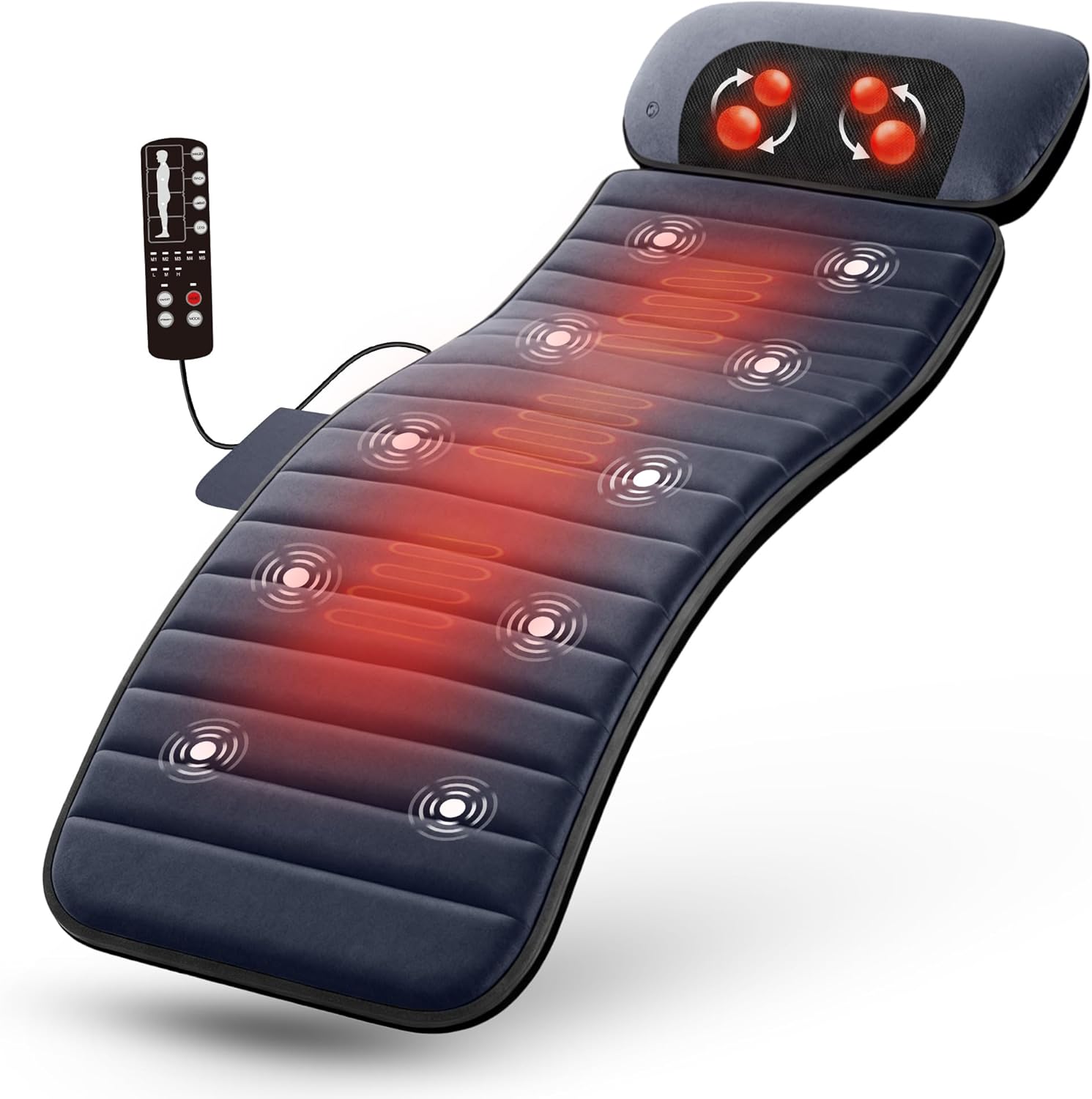 Full Body Massage Mat with Heat, Independent Shiatsu Neck Massager Pillow, 10 Vibration Motors, 5 Modes & 3 Intensities, Foldable Back Massage Pad with 15-Min Auto Off for Home Office,Gifts