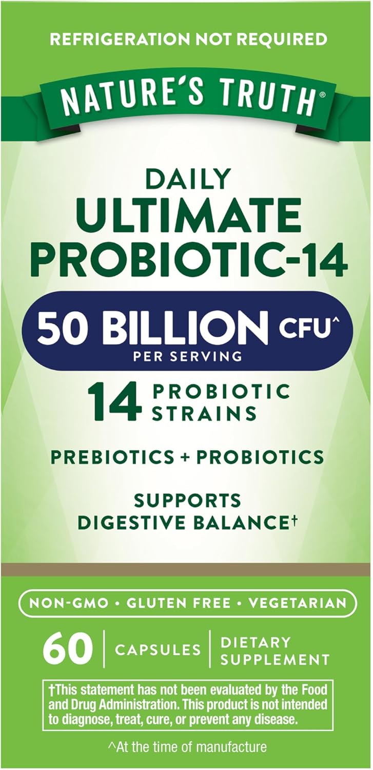 Nature’s Truth Probiotic for Women and Men | 50 Billion CFU | 14 Probiotic Strains | 60 Capsules | Stomach Friendly | 200mg Prebiotics | Vegetarian, Non-GMO & Gluten Free Supplement