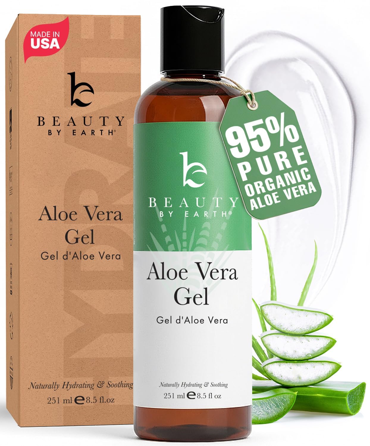 Beauty by Earth Aloe Vera Gel – USA Made with Natural & Organic Ingredients, Pure Aloe Vera Plant Gel for Face Mask, Hair & Skin with Vitamin C & E, Soothing and Cooling for Sunburn & After Sun Care