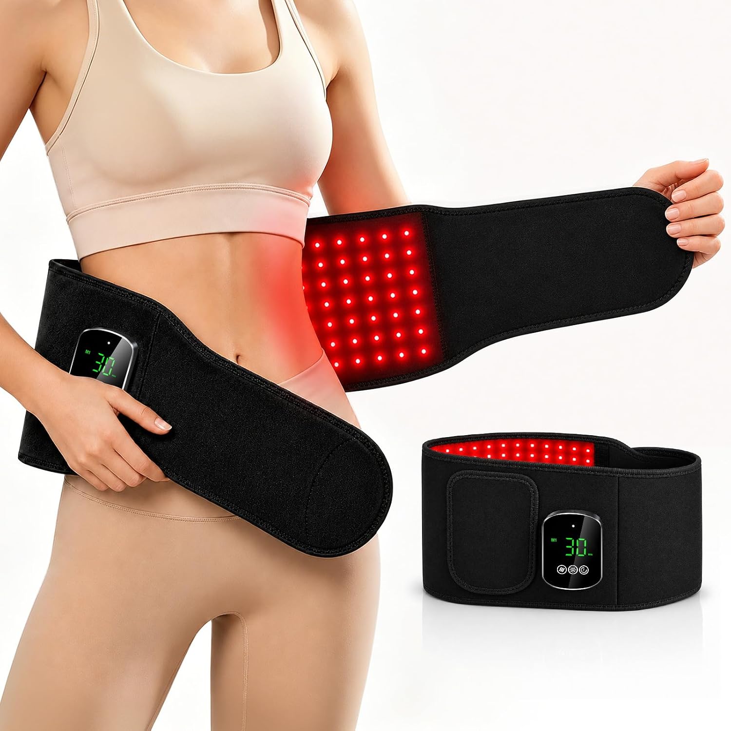 3-in-1 Cordless Red Light Therapy Belt for Back Abdomen, 660nm & 850nm Wavelengths with Heat & Vibration Massage,5000mAh Rechargeable Waist Wrap for Belt Discomfort Relief, Gift for parents