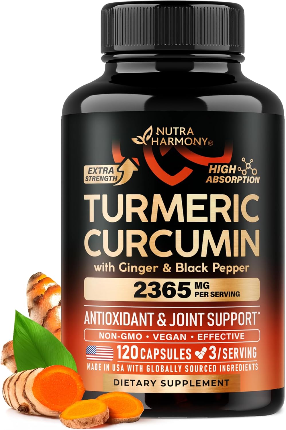 Turmeric Curcumin Supplement 2365 mg – Turmeric with Ginger & Black Pepper – Highly Bioavailable & Extra Strength 95% Curcuminoids – Antioxidant, Immunity & Joint Support – Lab Tested – 120 Capsules