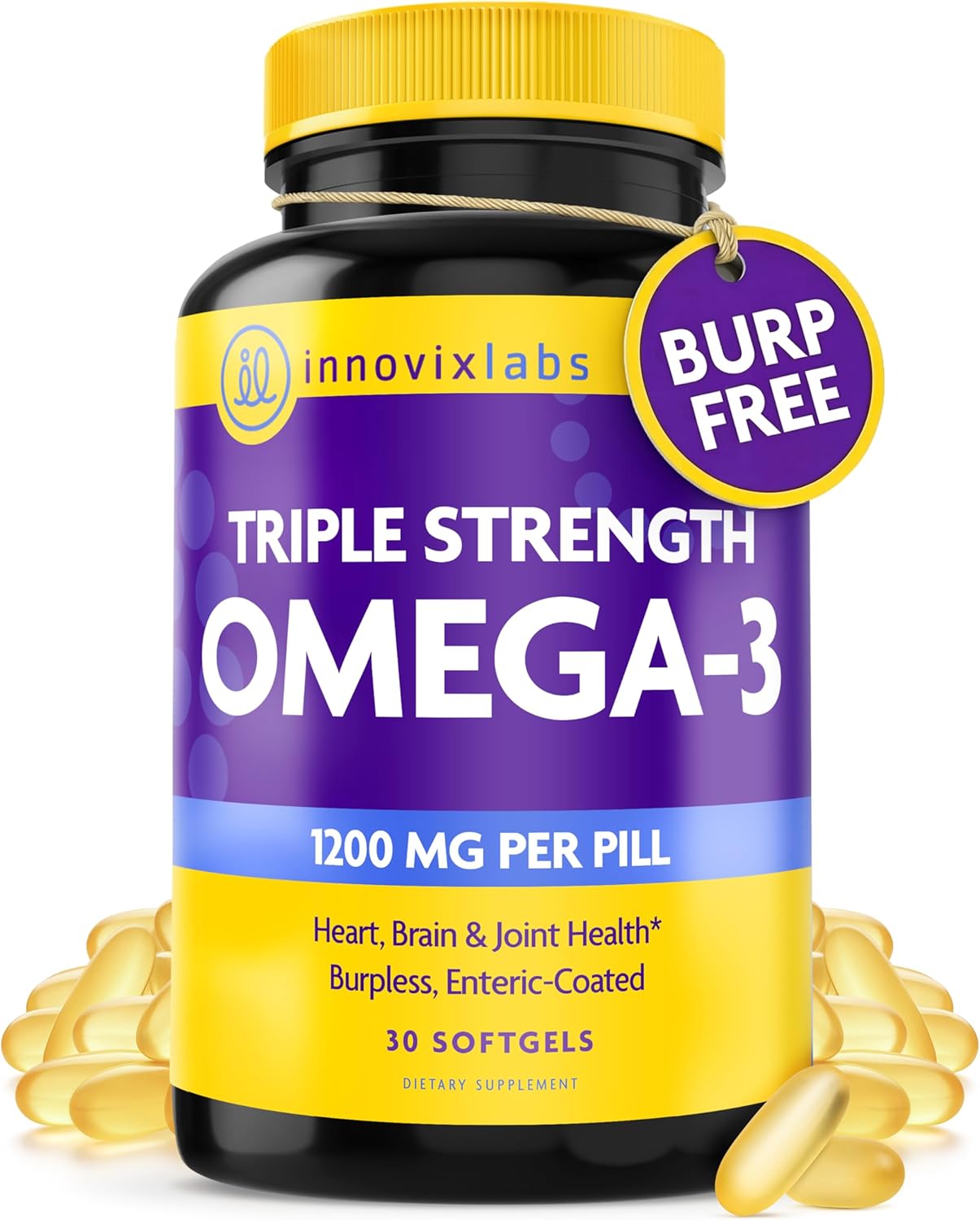 InnovixLabs Triple Strength Omega 3 Supplement, Burpless Fish Oil for Women and Men – 900 mg EPA & DHA, Brain & Joint Support, Award Winning & Third-Party Tested, 30 Softgels