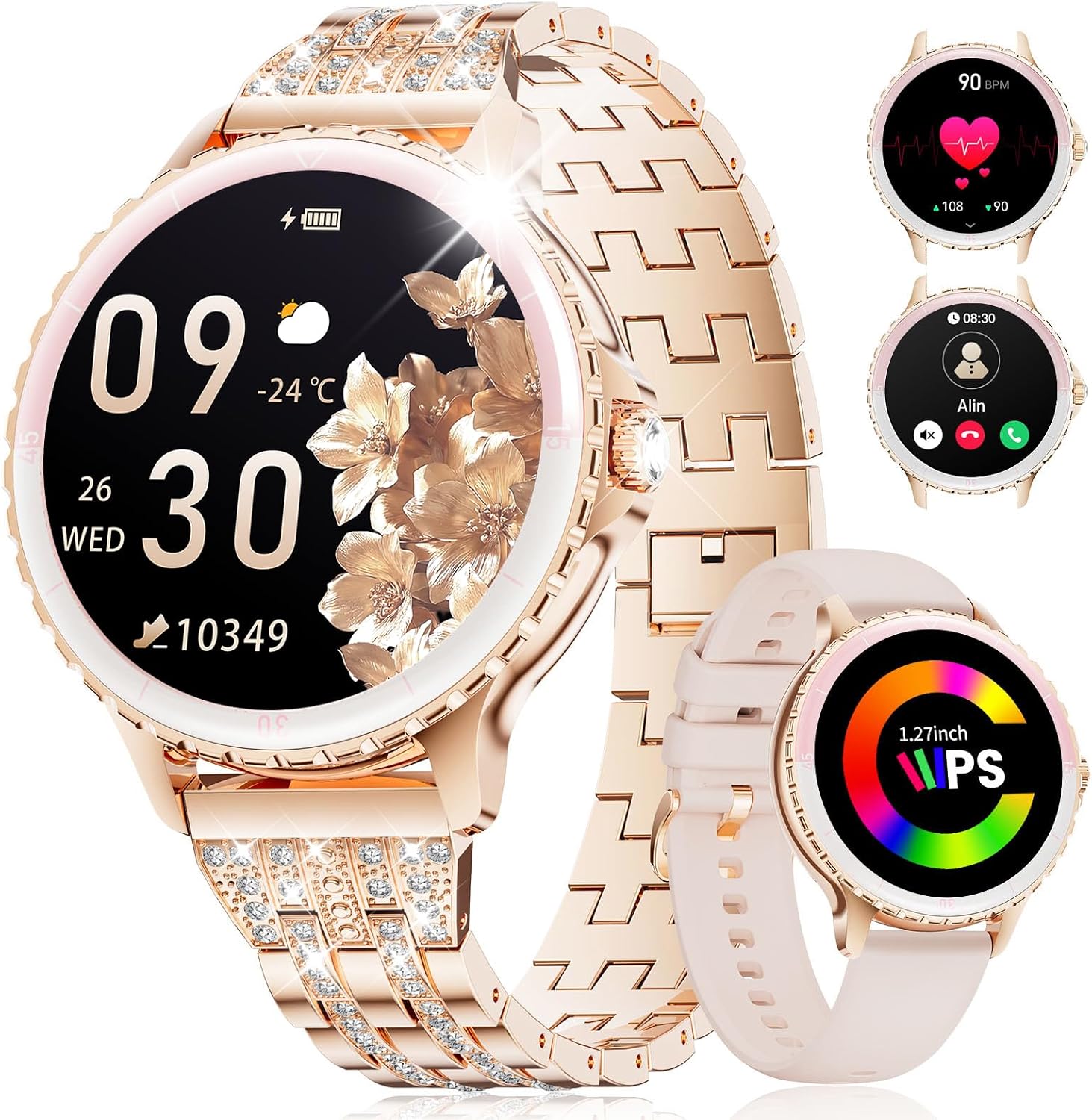 SUNKTA Smart Watch for Women (Answer/Make Call),1.27″ Curved Display​ Smartwatch with Female Cycle/Sleep Monitor,5ATM Waterproof Fitness Tracker 100 Sport Modes Pedometer for Android/iOS,Gold Diamond