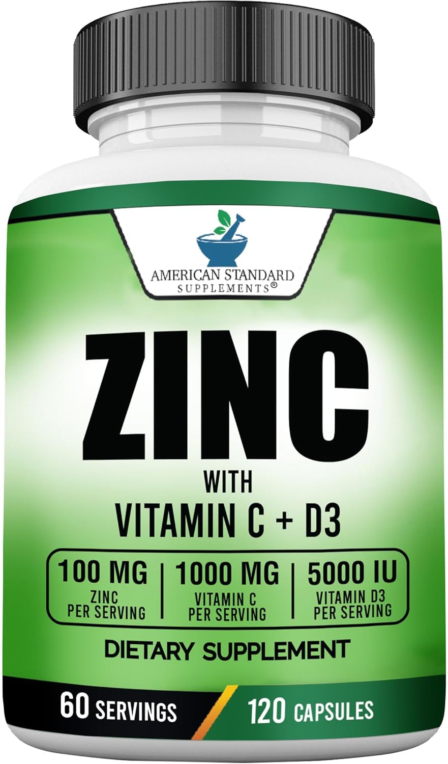American Standard Supplements Zinc 100mg, Vitamin C 1000mg, and Vitamin D3 5000 IU (125mcg) Per Serving – Gluten Free, Non-GMO, 120 Capsules, 60 Servings