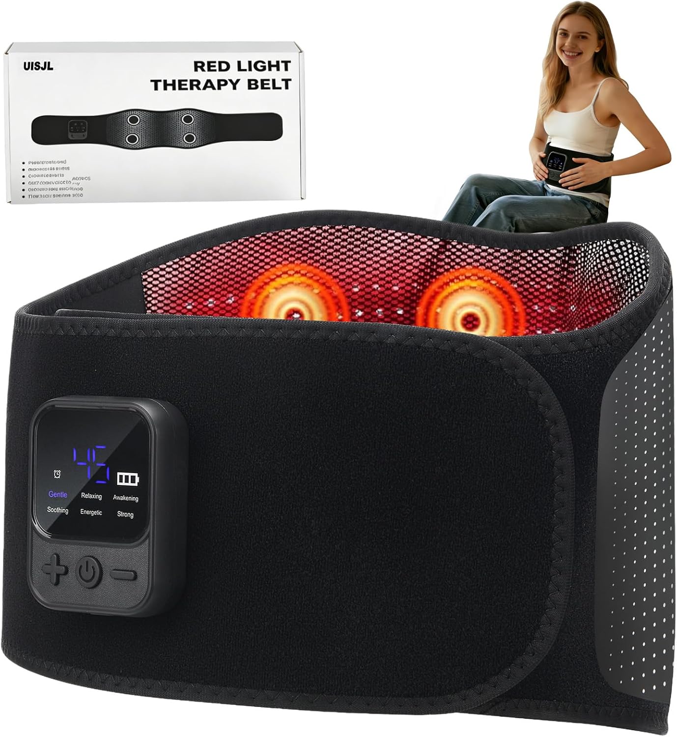 Back Massager Belt, Cordless Red Light Therapy Heating Pad with 6 Heat & 6 Vibration, 4 Motors Deep Tissue Massage for Back Pain Relief, Ideal Gift for Mom, Dad, Women & Men（Black）