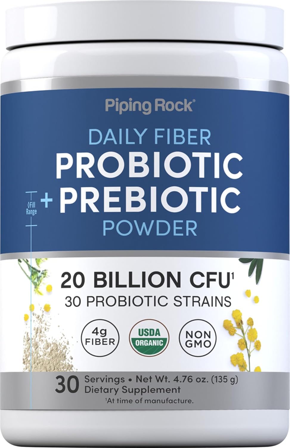 Piping Rock Probiotic and Prebiotic Powder | 20 Billion CFU | 4.76 oz | Organic Fiber Blend | for Women and Men | Vegan, Non-GMO, Gluten Free Supplement