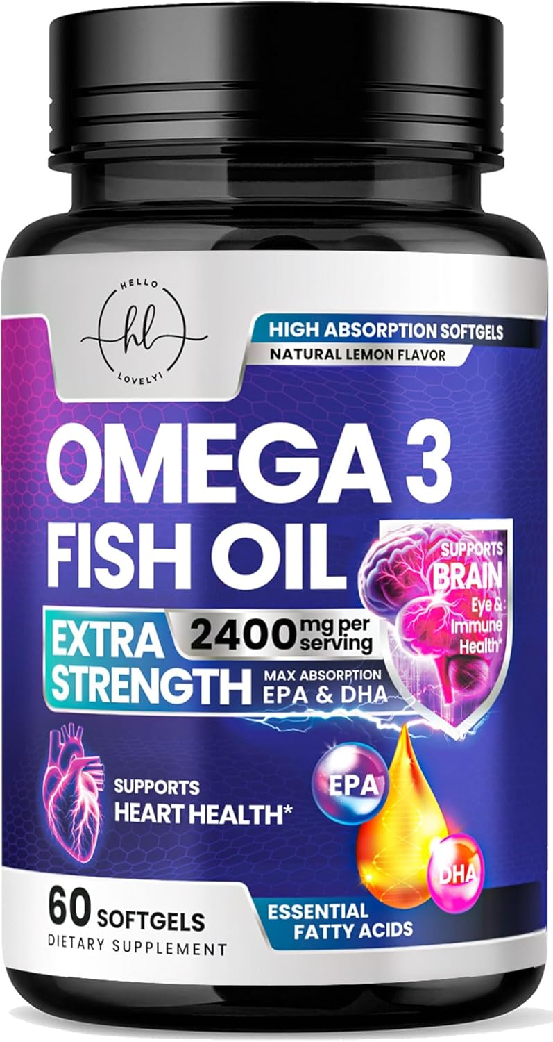 Omega 3 Fish Oil Supplements – 2400mg Fish Oil Per Serving – Triple Strength Omega-3 with EPA & DHA Fatty Acids – Natural Heart, Brain & Immune Support – Wild Caught, Bottled in USA – 60 Softgels