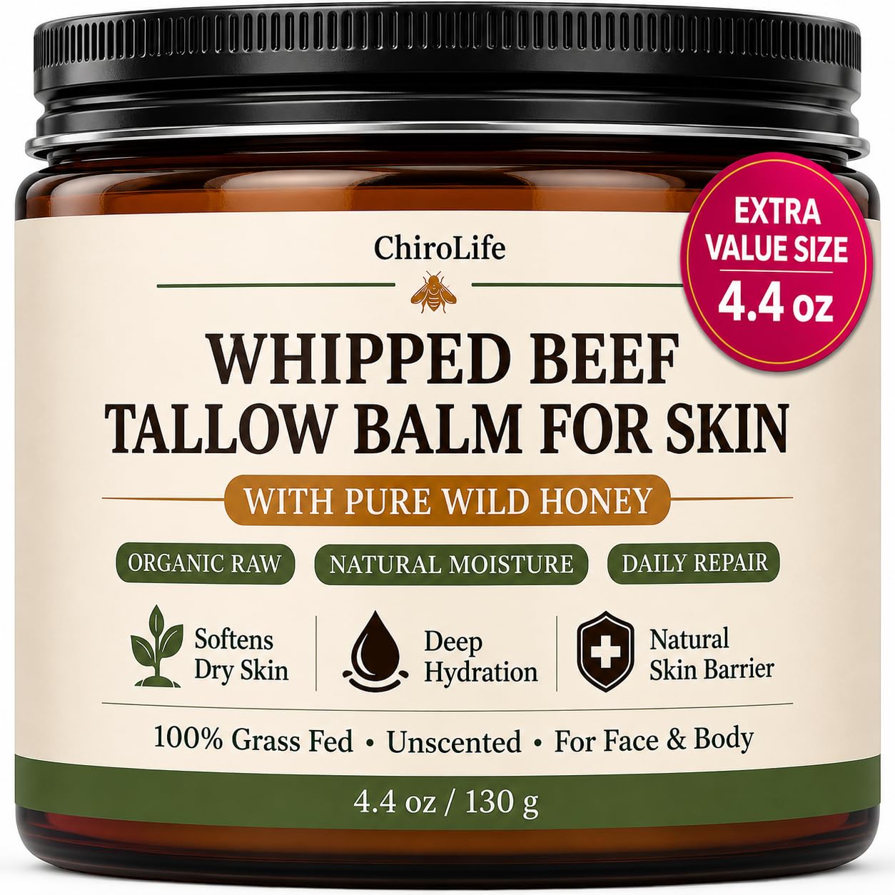 Grass-Fed Beef Tallow for Skin, Whipped Tallow and Honey Balm for Face, Pure Tallow Face Moisturizer, Organic Beef Tallow Balm & Cream with Natural Beeswax – 4.4 oz