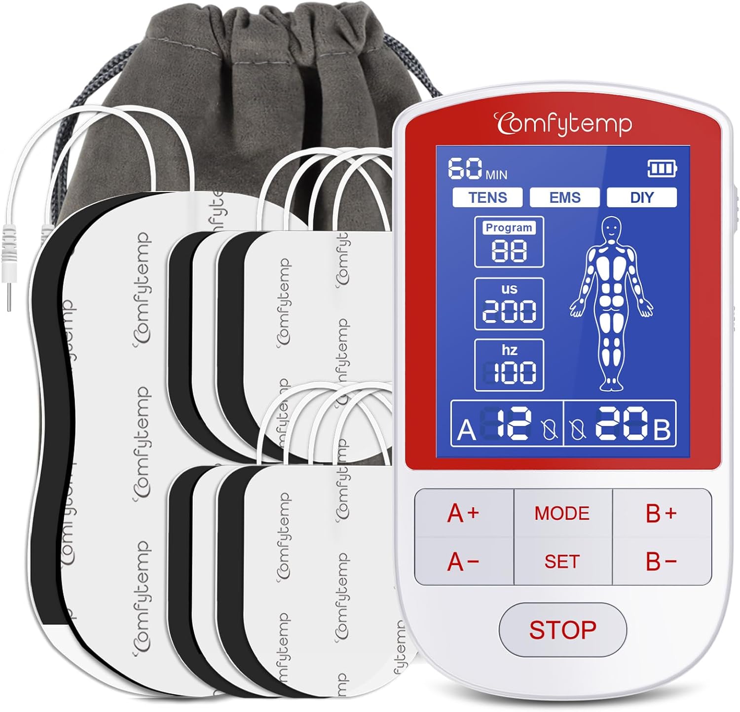 Comfytemp TENS Unit Muscle Stimulator for Pain Relief Therapy, TENS Machine with 20 Modes and DIY, Dual Channel EMS Unit, Electric Pulse Massager for Back, Shoulder, Sciatica, Knee