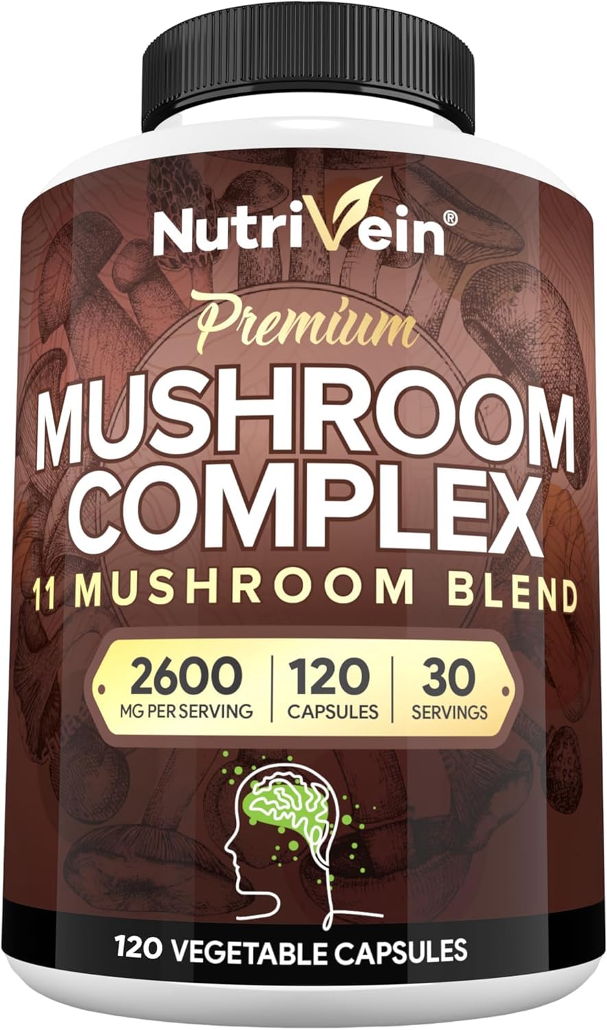 Nutrivein Premium Mushroom Supplement 2600 mg- Bottle 120 Capsules- 11 Nootropic Mushroom Complex – Lion’s Mane, Cordyceps, Chaga, Reishi, Turkey Tail,Maitake,Shiitake, Agaricus, White Button, Oyster