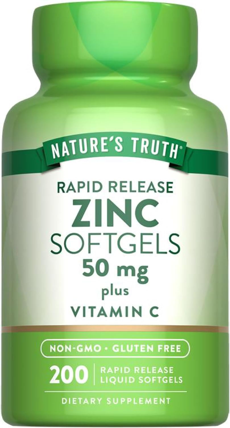 Nature’s Truth Zinc 50mg Supplement | with Vitamin C | 200 Liquid Softgels | Non-GMO & Gluten Free