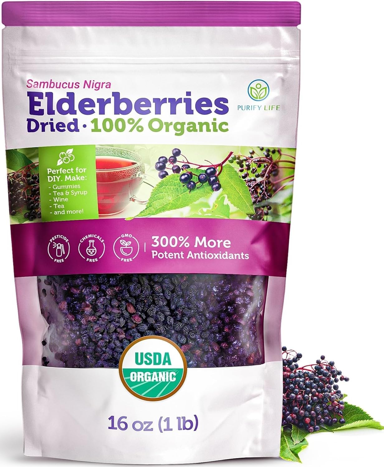 Certified USDA – 100% Organic Dried Elderberries – 1lb Bulk – Non-Irradiated, Non-Gmo, Whole Black Elderberry Immune Support For Making Elder Syrup, Gummies, Tea – Raw Vegan Sambucus 1 Pound