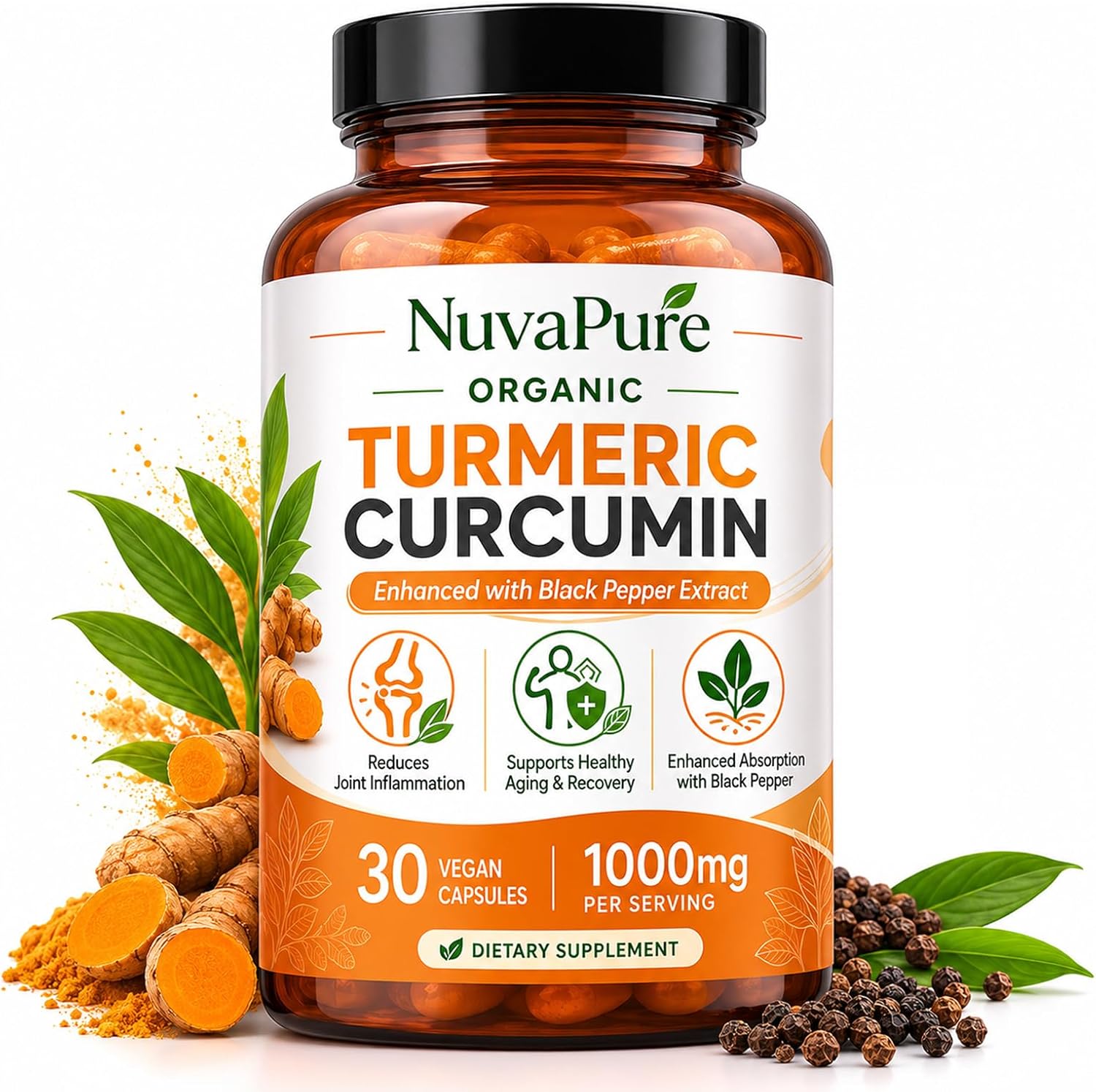 NuvaPure Turmeric Curcumin with Black Pepper, 1000mg Organic Turmeric Supplement, Vegan Curcumin Formula for Joint & Daily Wellness Support, Non-GMO, 60 Count