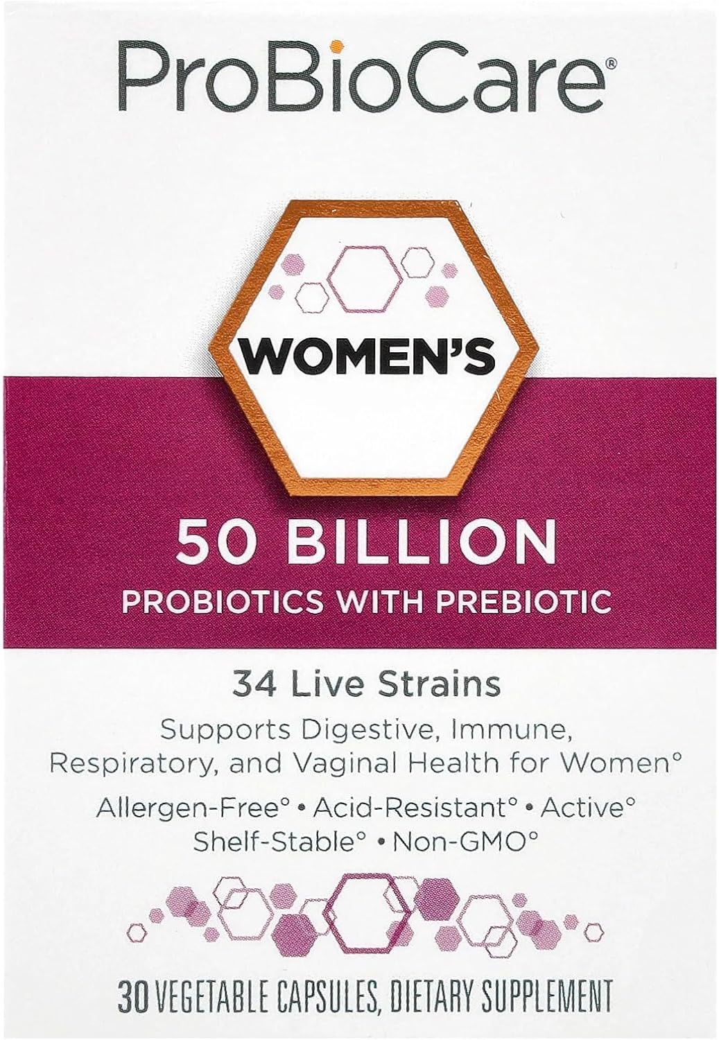 ProBioCare Probiotic for Women, 50 Billion CFUs with Prebiotic, 34 Live Strains for Digestive, Immune & Vaginal Wellness Support, Gluten Free, Dairy Free, Non GMO, 30 Vegetable Capsules