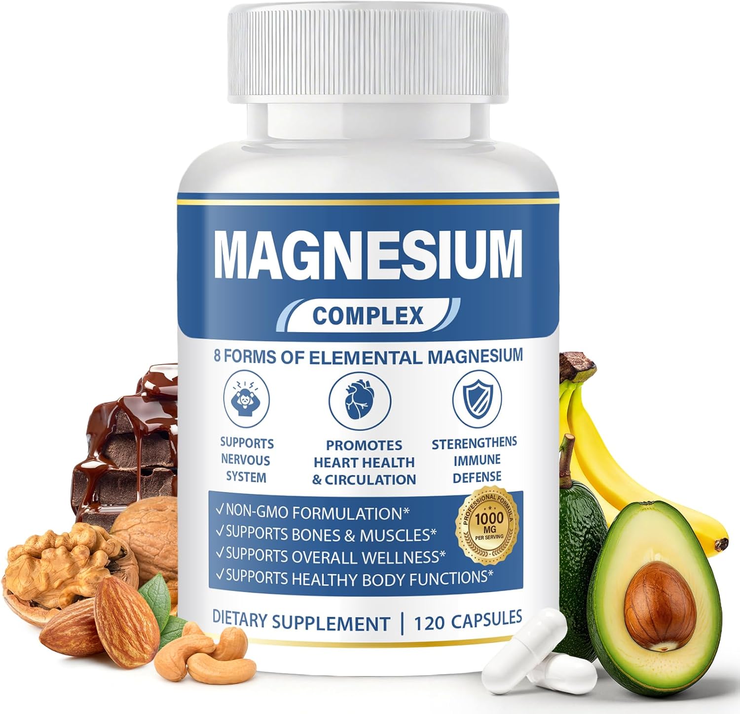 1000mg Magnesium Complex 8 in 1 for Women & Men – Magnesium Glycinate, Citrate, Malate, Taurate, Oxide, Carbonate, Aspartate, Orotate – Vegan Non-GMO, for Sleep, Fatigue & Heart Health, 120 Capsules