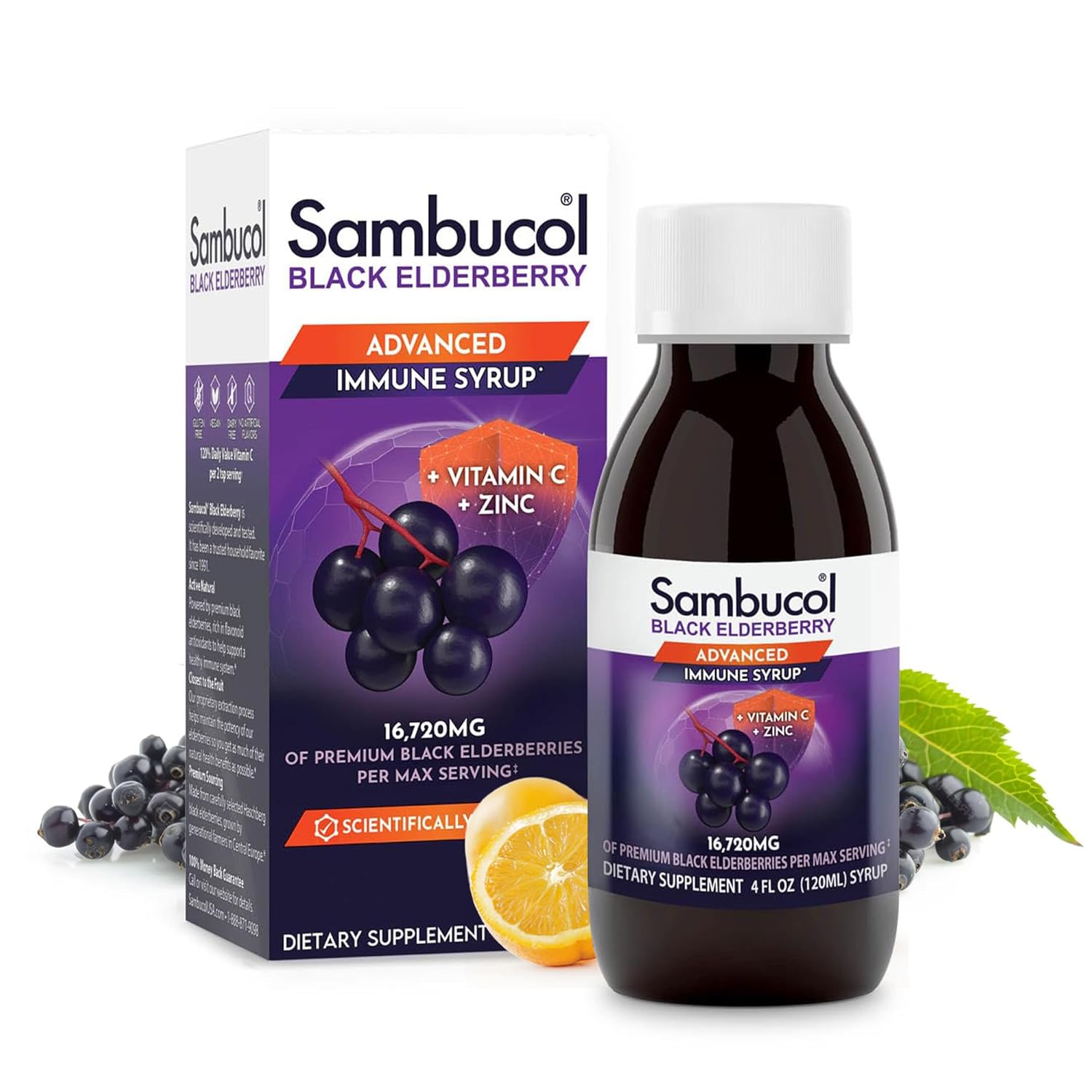 Sambucol Advanced Black Elderberry Syrup – Elderberry Syrup with Zinc and Vitamin C for Adults, Immune Support, High Antioxidants, Gluten Free – 4 Fl Oz