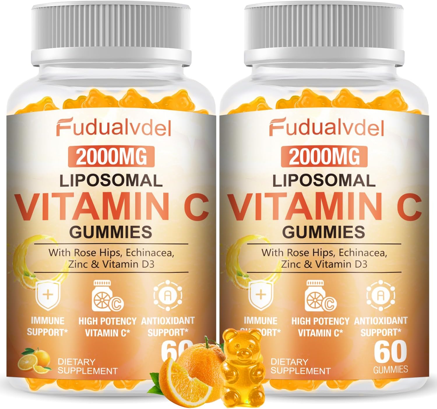 2 Pack 2000mg Liposomal Vitamin C Gummies for Adults & Kids Immune Support, Antioxidant & Collagen Booster Complex with Rose HIPS, 5000IU D3 ,Elderberry, Echinacea, Iron & Zinc, Orange Flavor, 120 Cts