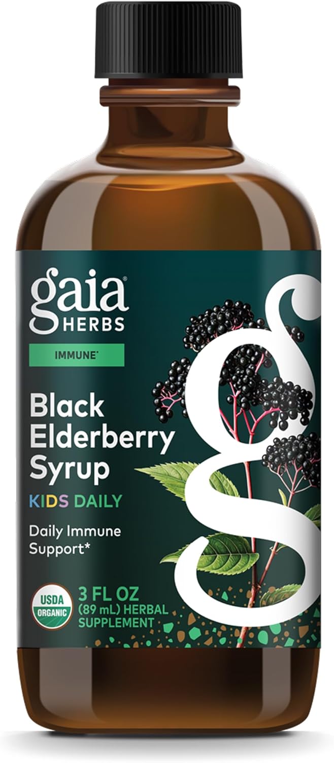 Gaia Herbs Black Elderberry Syrup Kids Daily – Delicious Immune Support Supplement for Kids* – Organic Black Elderberries & Honey – USDA Certified Organic Syrup – 3 Fl Oz (About 18 to 26 Servings)