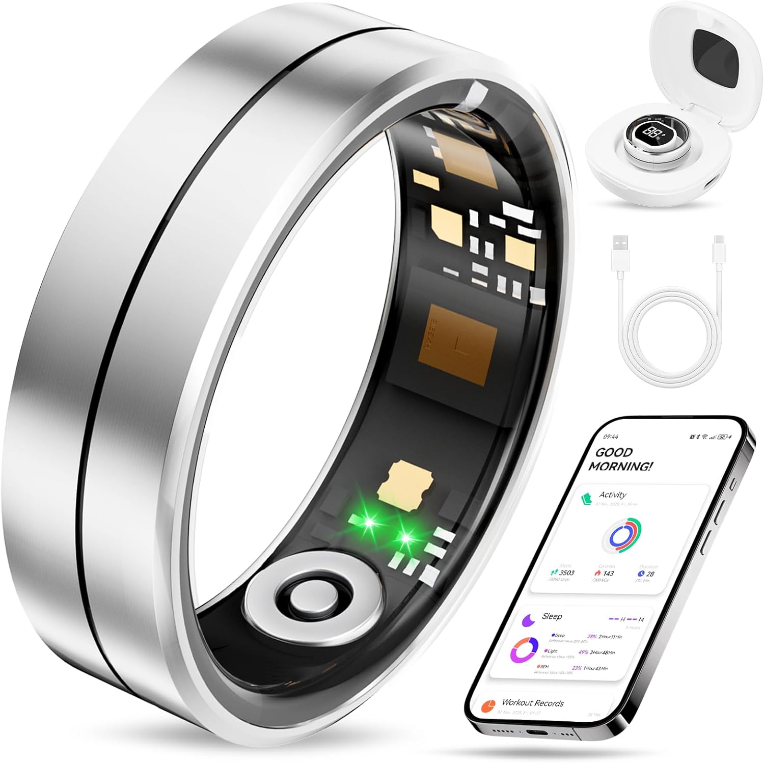 Fvtga Smart Ring for Women Men, Health Tracker with Digital Charging Case, 24/7 Heart Rate SpO2 Sleep Stress Monitoring, IP68 Waterproof Fitness Ring, No Subscription Fee, iOS Android(Silver, 10)