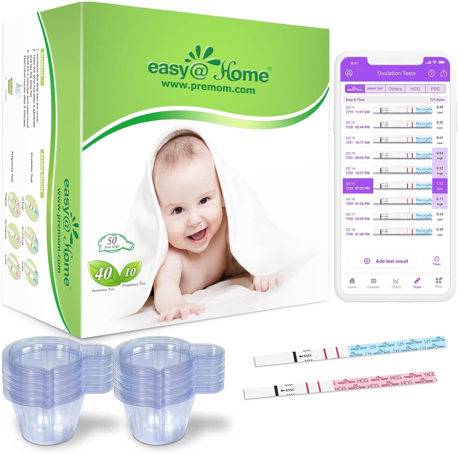 Easy@Home Ovulation & Pregnancy Test Strips Kit: 40 Ovulation Strips and 10 Pregnancy Tests– Accurate Fertility Tracker OPK – Powered by Premom APP | 40LH + 10HCG + 50 Urine Cups
