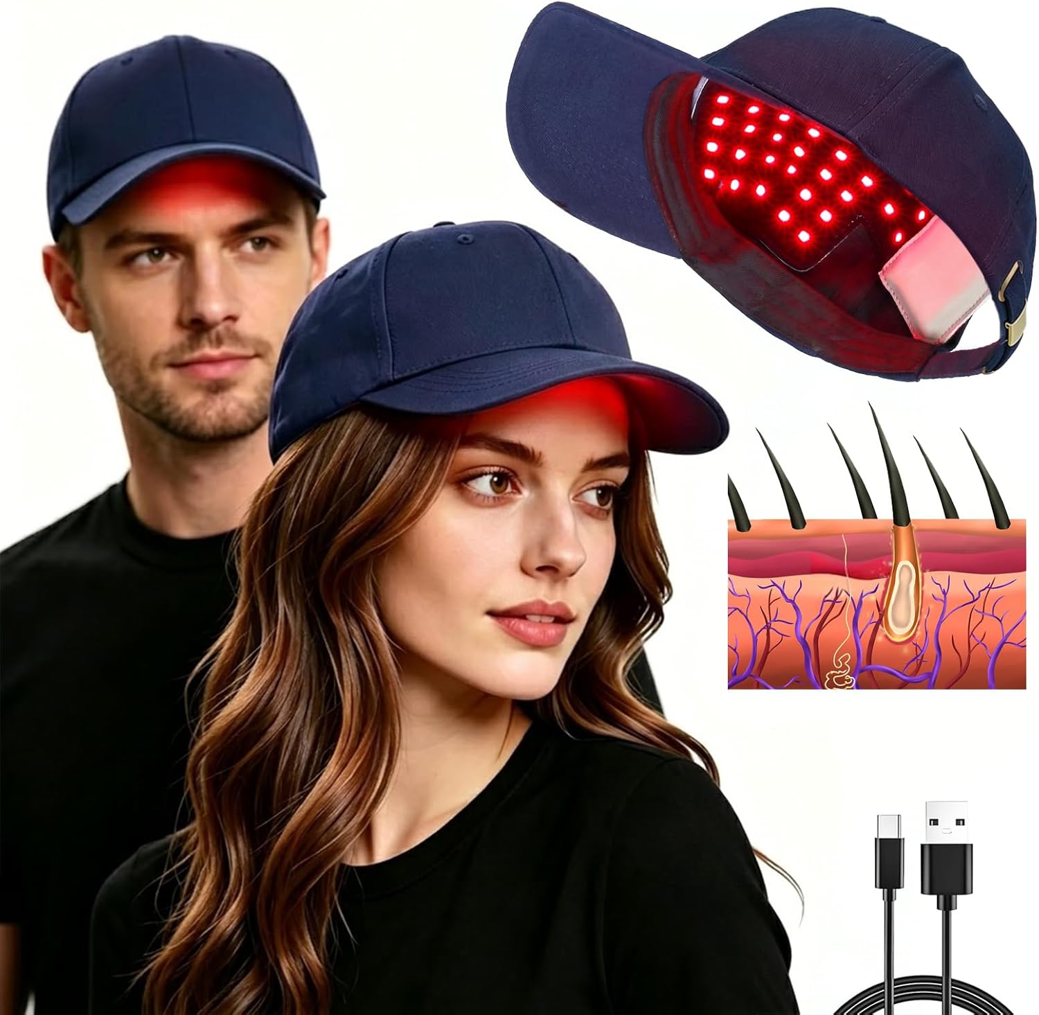 Laser Hair Growth Cap, 650nm LLLT Red Light Therapy for Hair Growth, for Men and Women Rechargeable Hands-Free Hair Growth Cap for Thinning Hair, Full Scalp Coverage-Blue
