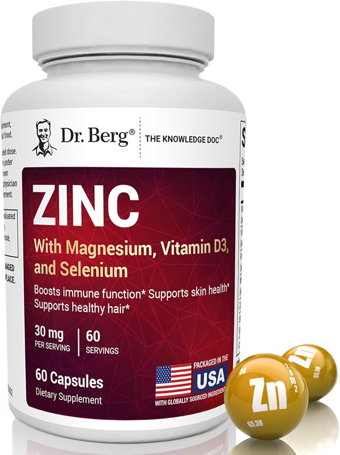 Dr. Berg Zinc 30 mg (60 Capsules) – High Potency 7-in-1 Immune Support Formula – Chelated Zinc with Vitamin D & Selenium for Healthy Skin, Hair & Daily Wellness – No Fillers, 4X Tested