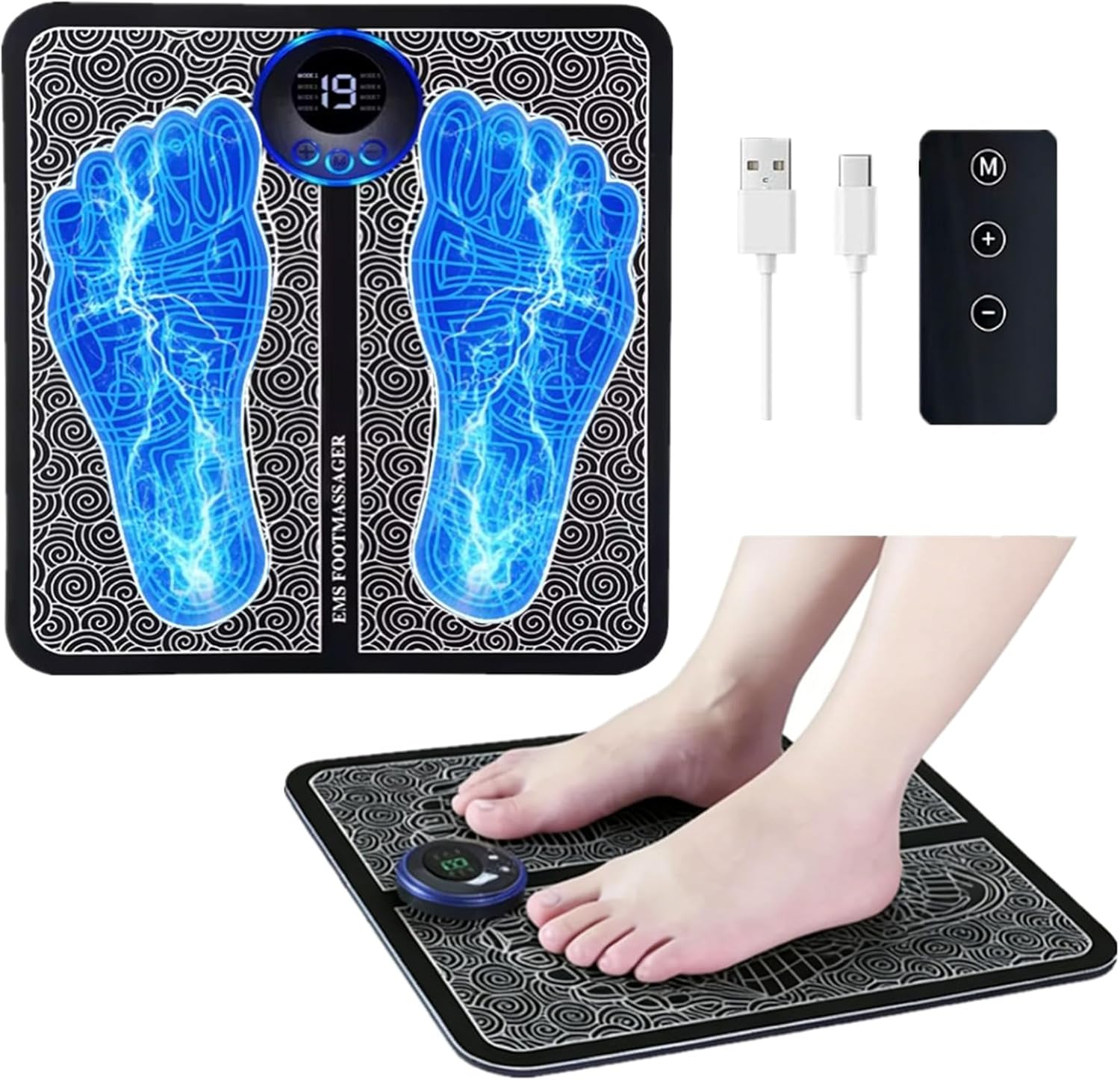EMS Foot Massager Mat, Portable Foot Massager with Remote Control, Suitable for Both Men and Women, with 8 Modes and 19 Intensity Levels