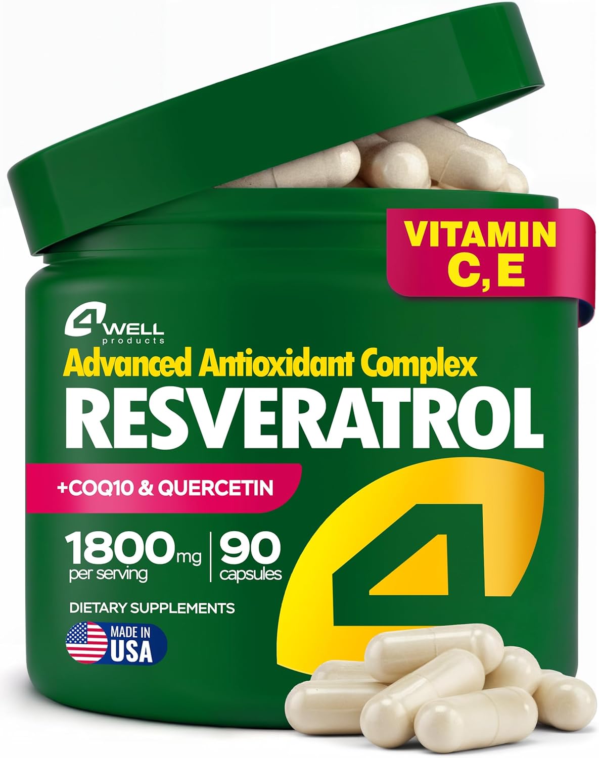 Resveratrol Supplement 1800mg Complex – COQ10, Quercetin, Vitamin E, Calcium Ascorbate – Powerful Antioxidant Formula for Enhanced Energy Heart Health & Healthy-Aging Support Trans Resveratrol 90 Caps
