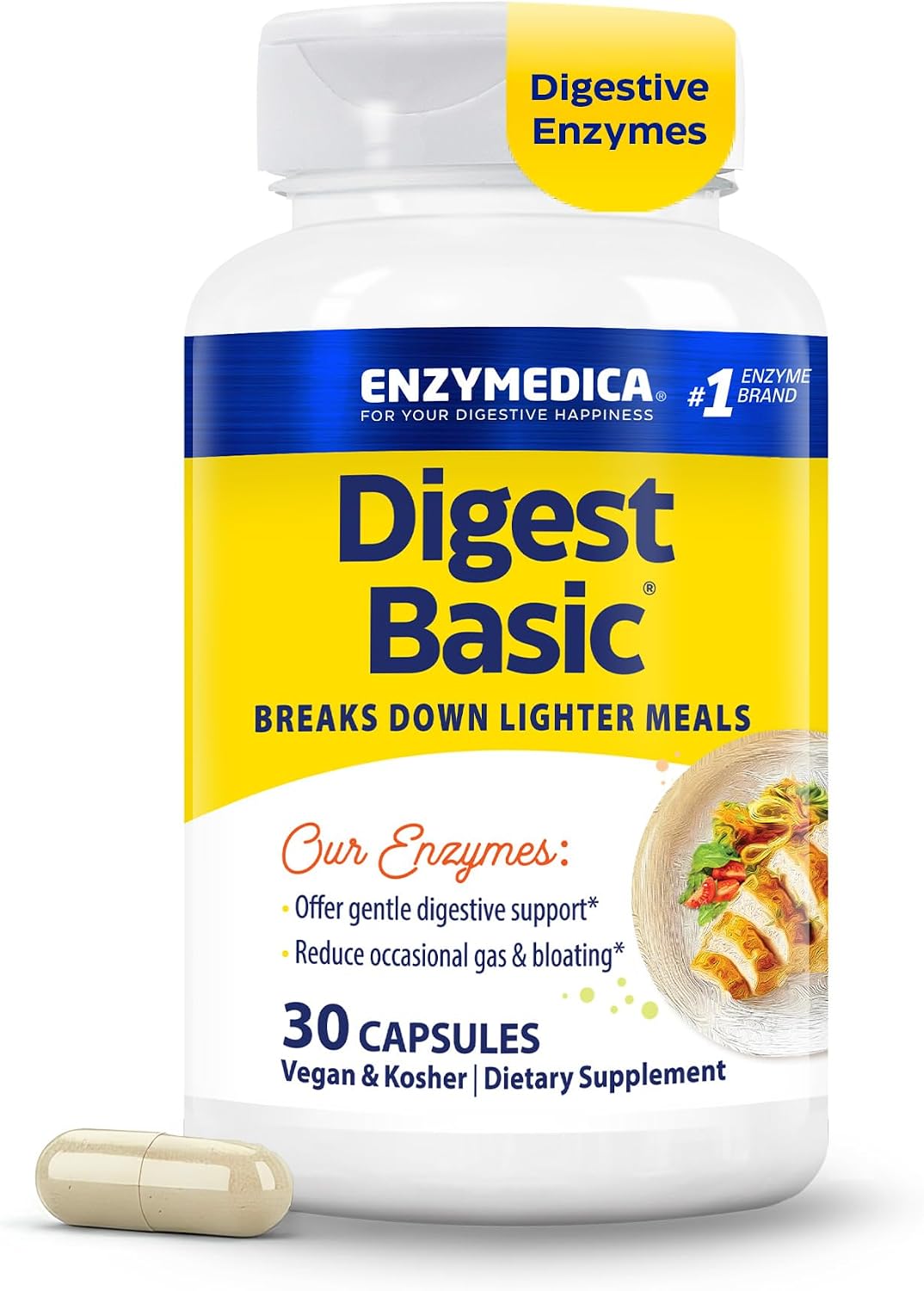 Enzymedica Digest Basic – Digestive Enzyme Supplement for Women & Men, Enzyme Capsules for Digestion, Gut Health Support, Helps Gas & Bloating, Energy Support, For Sensitive Stomachs, Vegan – 30 Caps