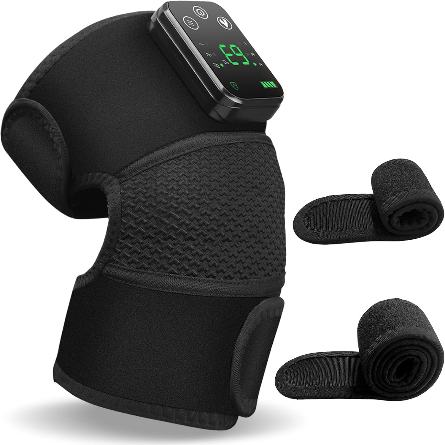 Cordless Knee Massager with Heat and Vibration for Pain Relief – Electric Heated Knee Brace Wrap with 3 Heat Levels & 3 Massage Modes, Portable Arthritis Joint Therapy for Men & Women (Black, Single)