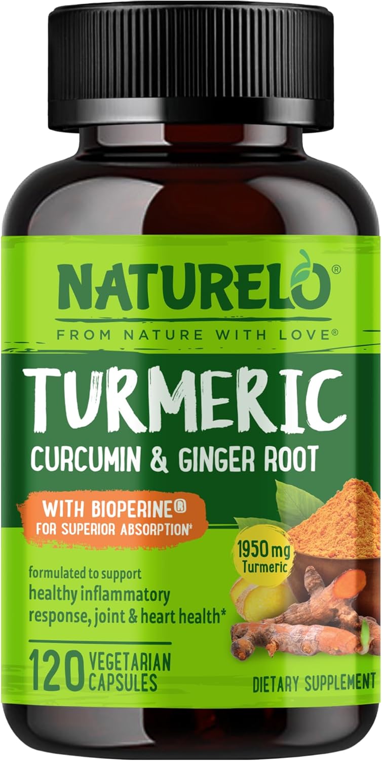 NATURELO Turmeric Curcumin – BioPerine for Better Absorption – Black Pepper, Ginger Root, Curcuminoids – Plant-Based Joint Discomfort Support – 120 Vegan Capsules