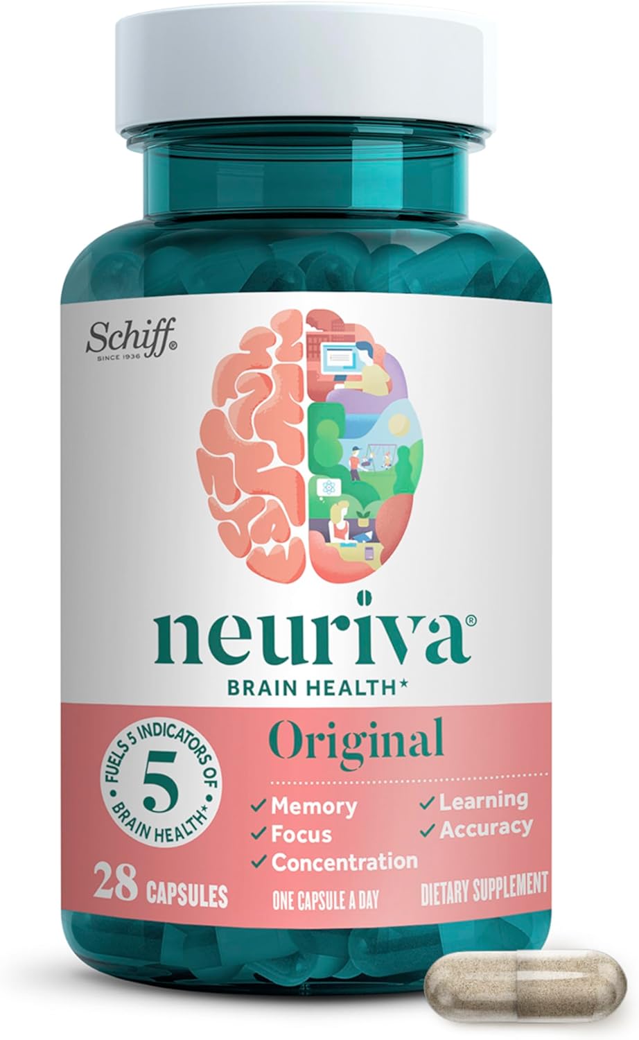 NEURIVA Original Brain Supplements for Memory and Focus, Clinically Tested Nootropics Phosphatidylserine and Neurofactor, Caffeine Free, 28 Count Capsules
