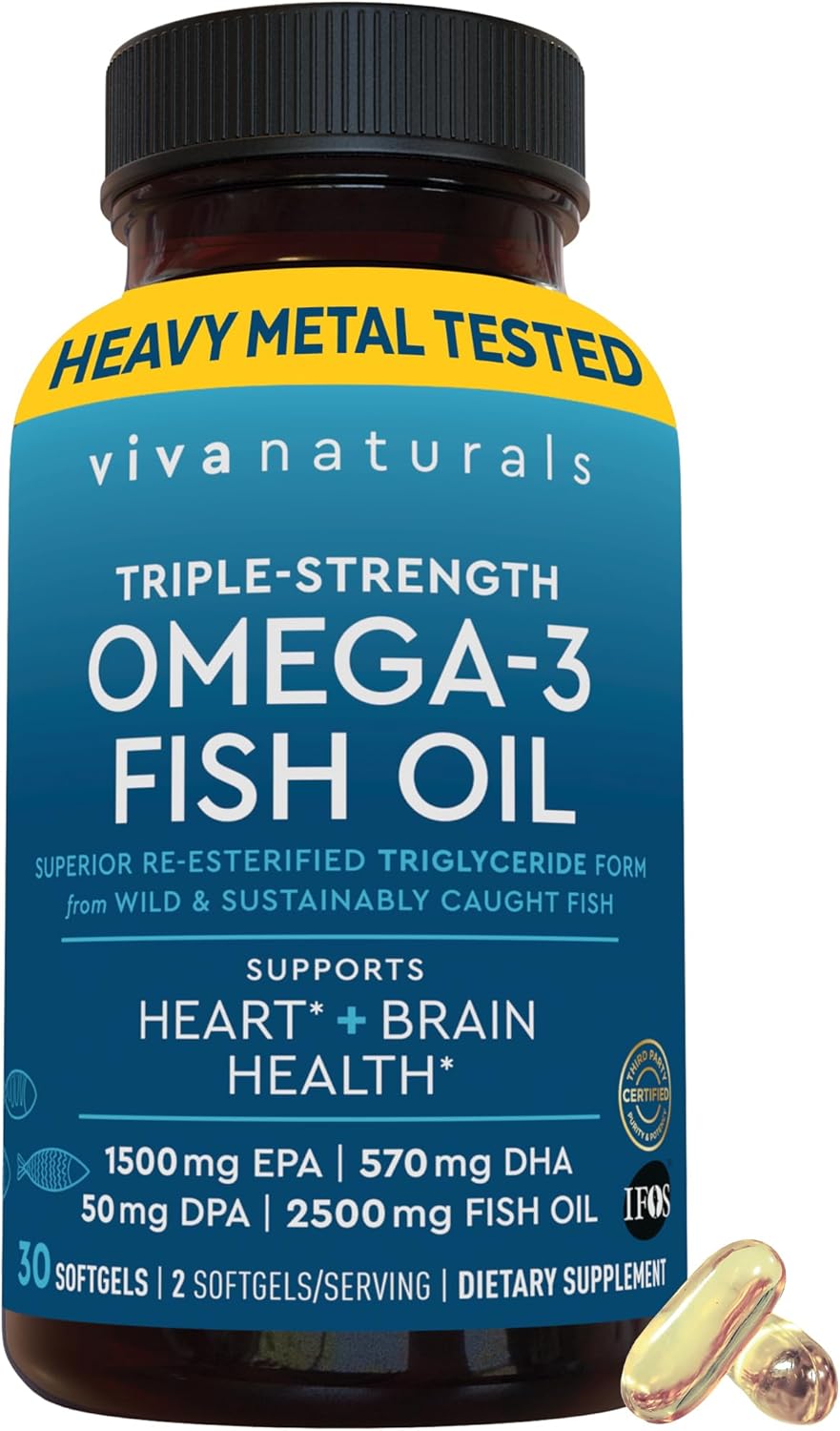 Viva Naturals Omega-3 Fish Oil, Triple Strength, 2500 mg, 30 Softgels – Re-Esterified Omega 3 Fatty Acids Including EPA, DHA, DPA – Pascatarian-Friendly