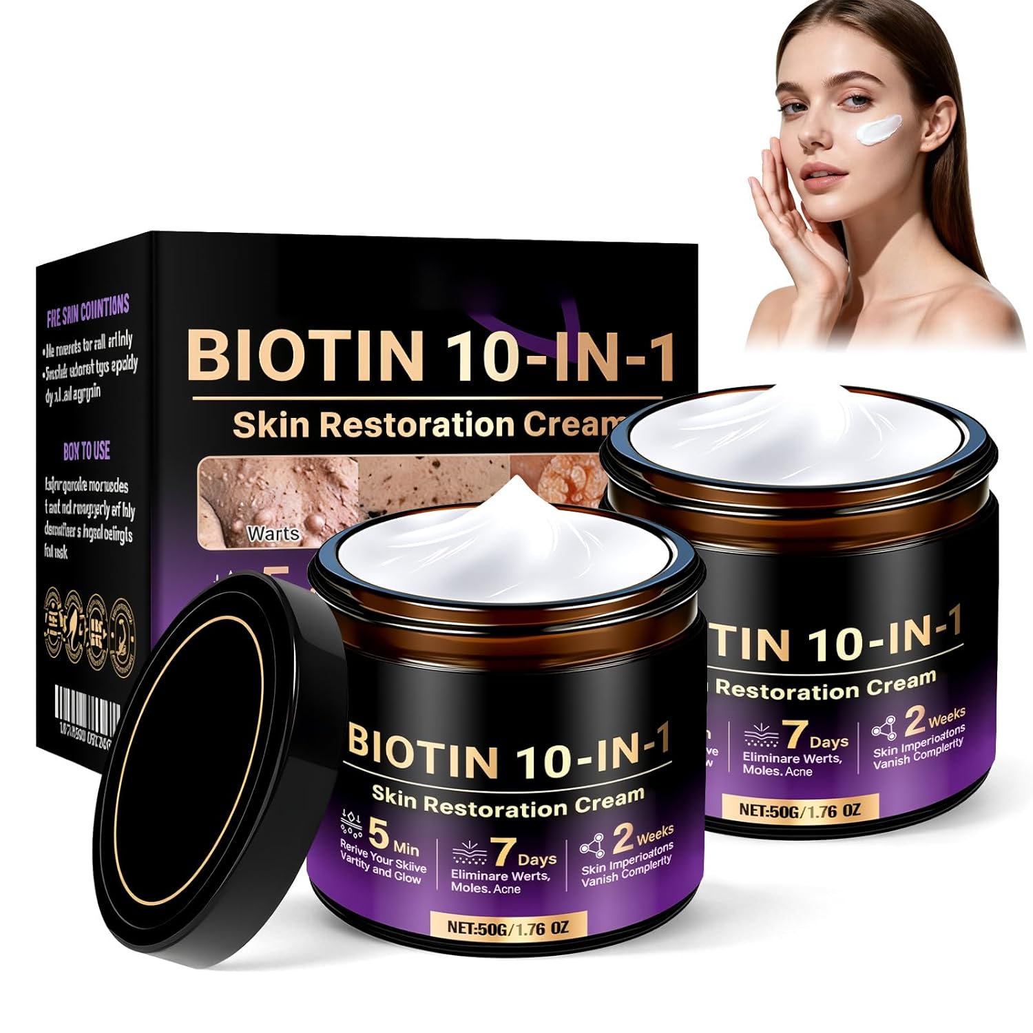 2PCS Biotin 10-in-1 Skin Restoration Cream, 2026 New Professional Skin Treatment Cream for Wrinkle Reducer and Repair, Moisturizer, Natural Ingredient Serum for All Skin Types