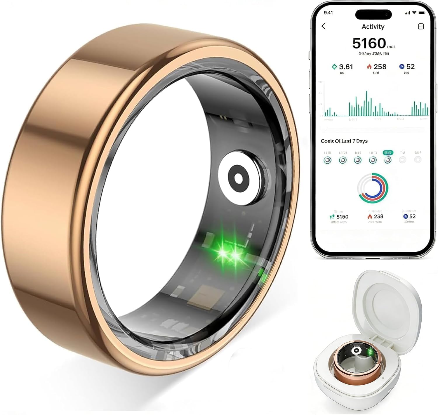 Smart Ring for Women Men,Fitness Tracker Ring with Heart Rate, Sleep Monitoring, Blood Oxygen, Step Counting for iOS and Android, No Subscription Fee, Waterproof (Gold,6)