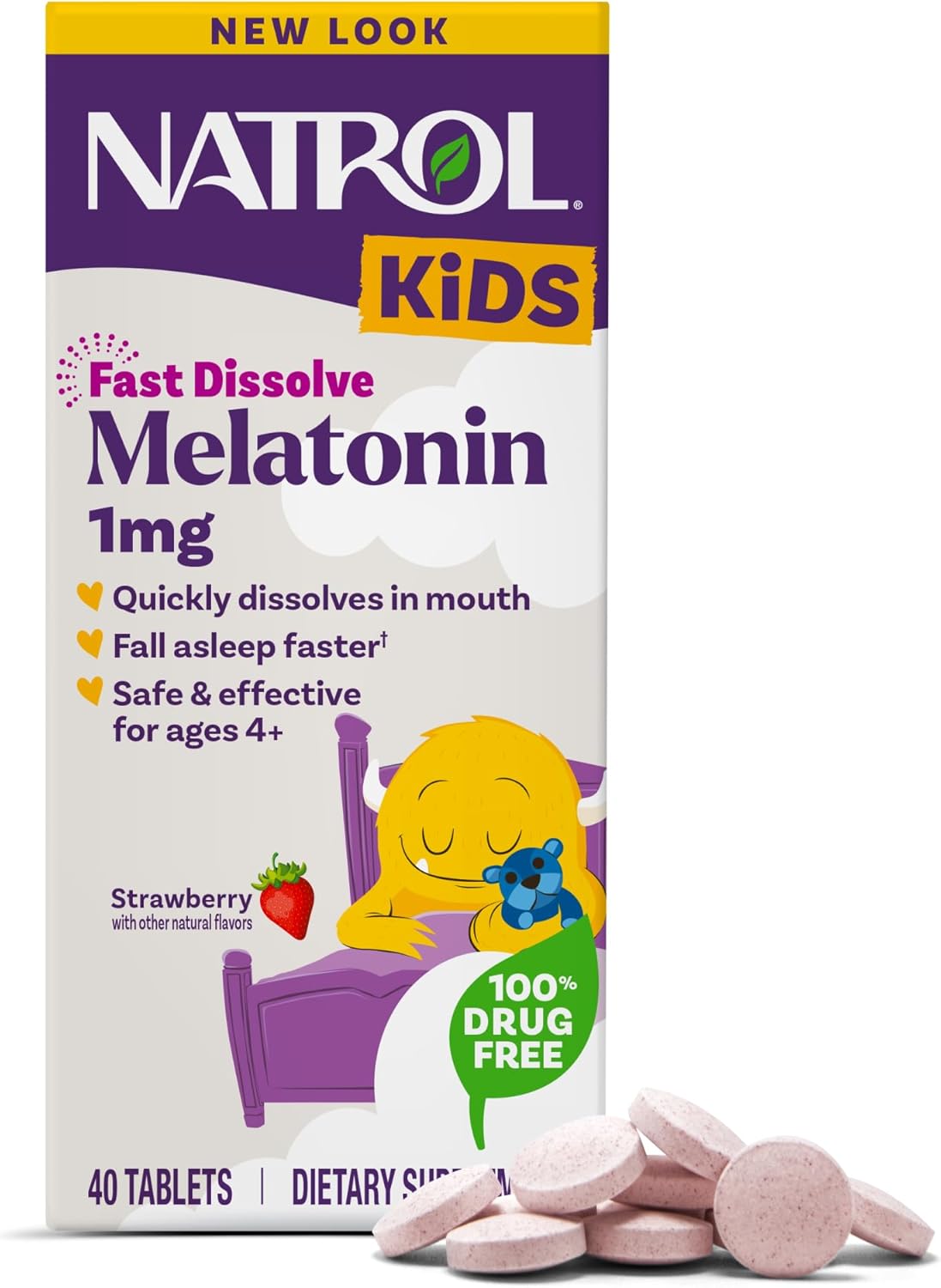 Natrol Kids Fast Dissolve Melatonin 1 mg, Sleep Aid, Strawberry, 40 Tablets